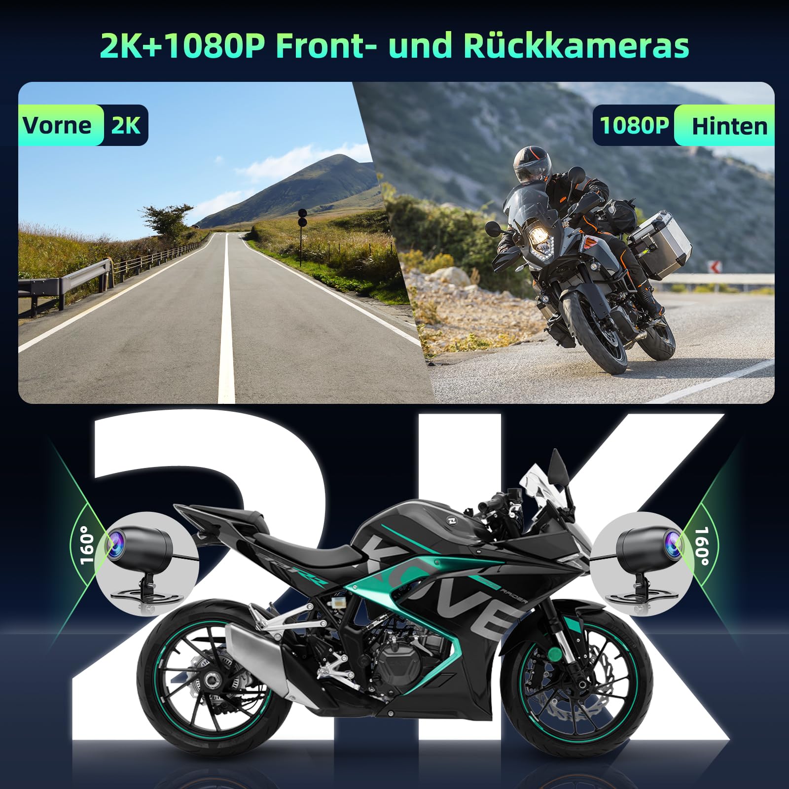 Wireless Carplay per Moto con App-le Carplay e Android Auto,5,5 Pollici Portatile Schermo Touch con Dashcam Anteriore e Posteriore 2K+1080P, Impermeabile IP67/Registrazione in Loop/Siri/Goo-gle/64G TF