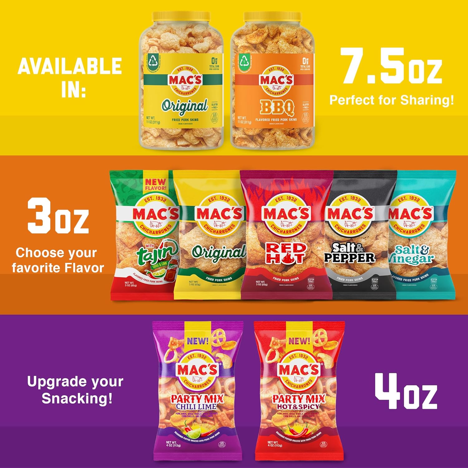 Mac's Hot & Spicy Pork Skins Party Mix - Hot & Spicy Flavored Chicharrones Pork Rinds - Party Snack - 4oz (9-Pack Party Mix)