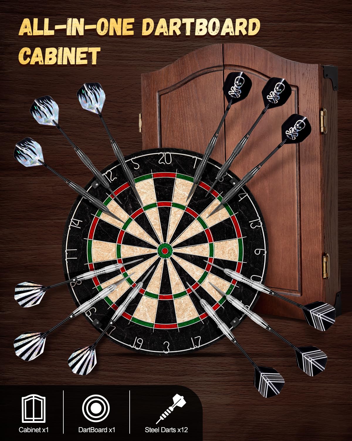 Dartscheibe Steeldart, Dekoratives Sisal Dartscheibe Schrank-Set [12* Steeldart], Profi Steel Dart Scheibe mit Türen- Holzschranktüren mit Integrierter Anzeigetafel [Coffee]