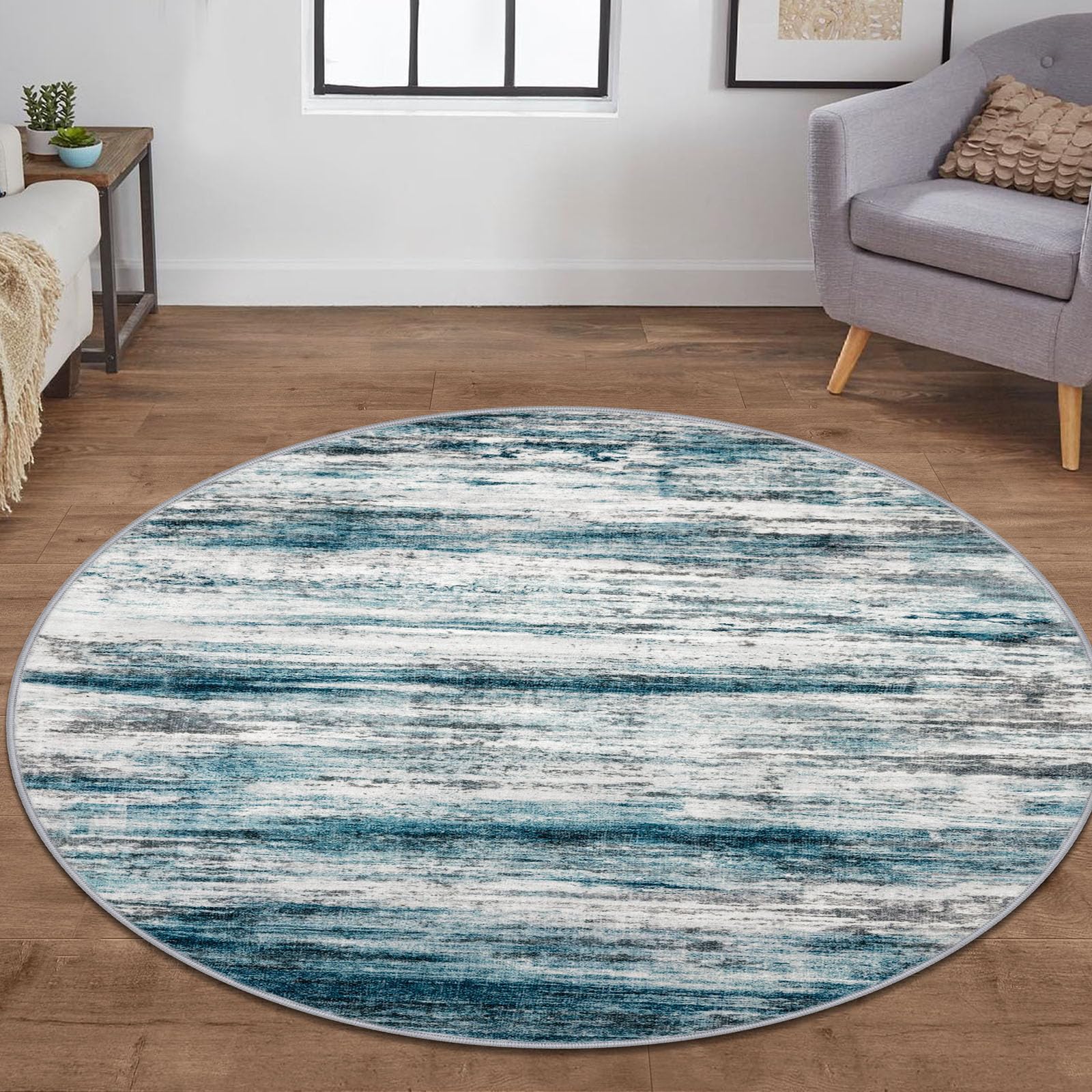 KOZYFLY Modern Abstract Round Area Rug 5Ft, Washable Kitchen Rug Non-Slip Soft Bathroom Circle Rug, Blue Striped Entryway Rugs Print Faux Wool Doormat for Bedside Entrance Bedroom Sink — image 1