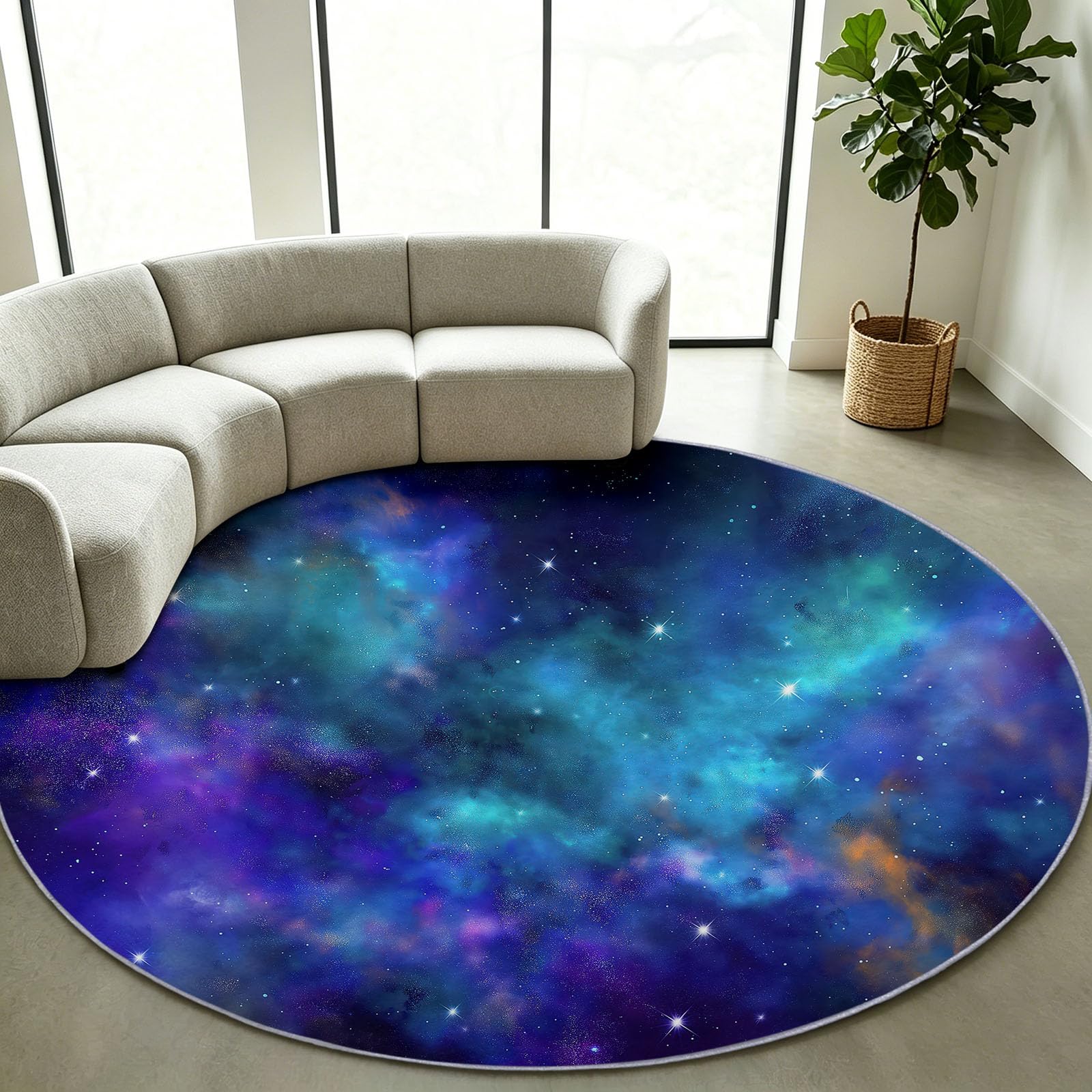 Fantasy - Alfombra redonda antideslizante lavable para salón, color azul