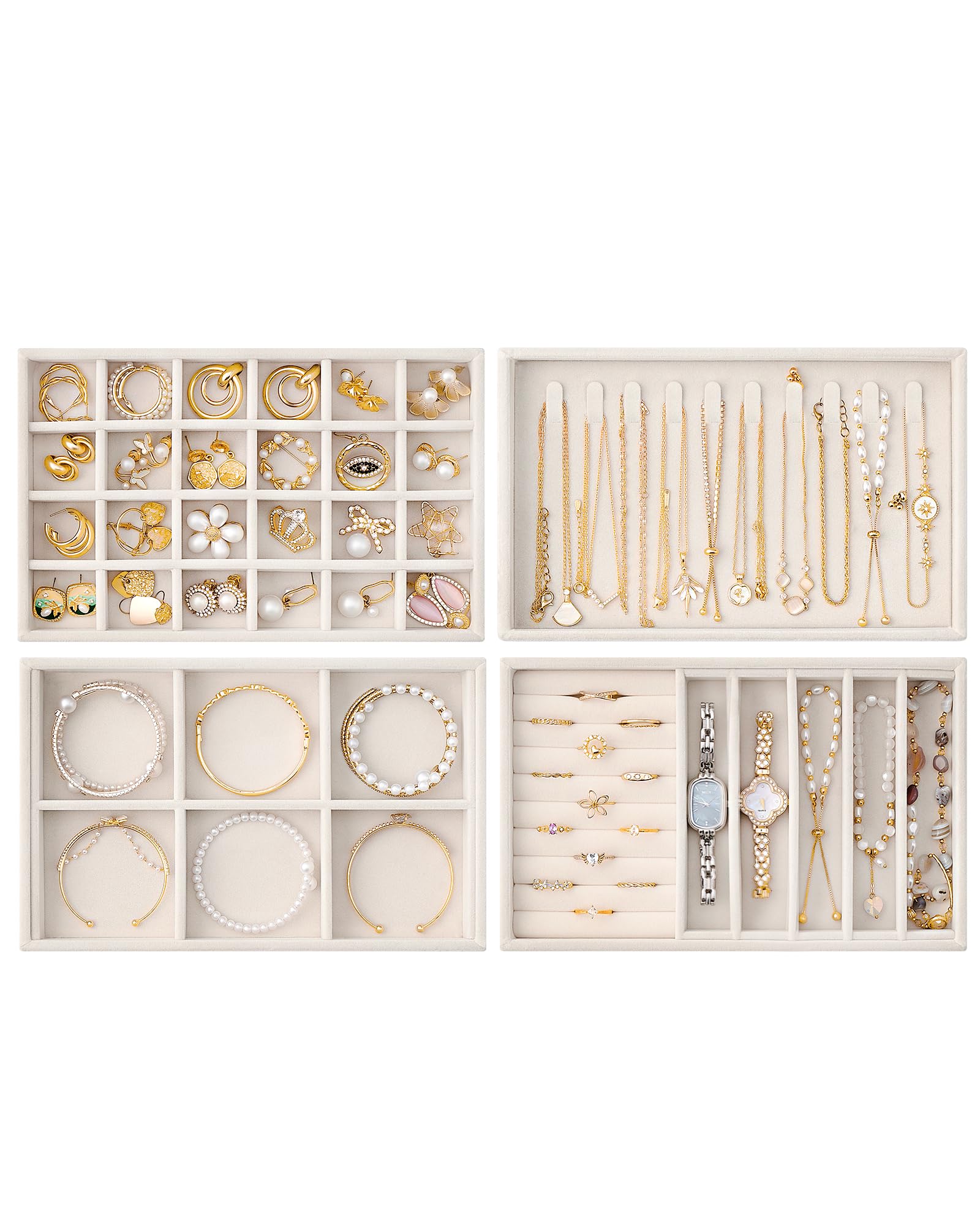 Lolalet Insertos para Cajón de Joyas, Bandejas Apilables de Terciopelo, Juego de Organizadores y Expositores para Collares, Pulseras, Aretes, Anillos, Cadenas, Brazaletes, Relojes - Beige, Juego de 4