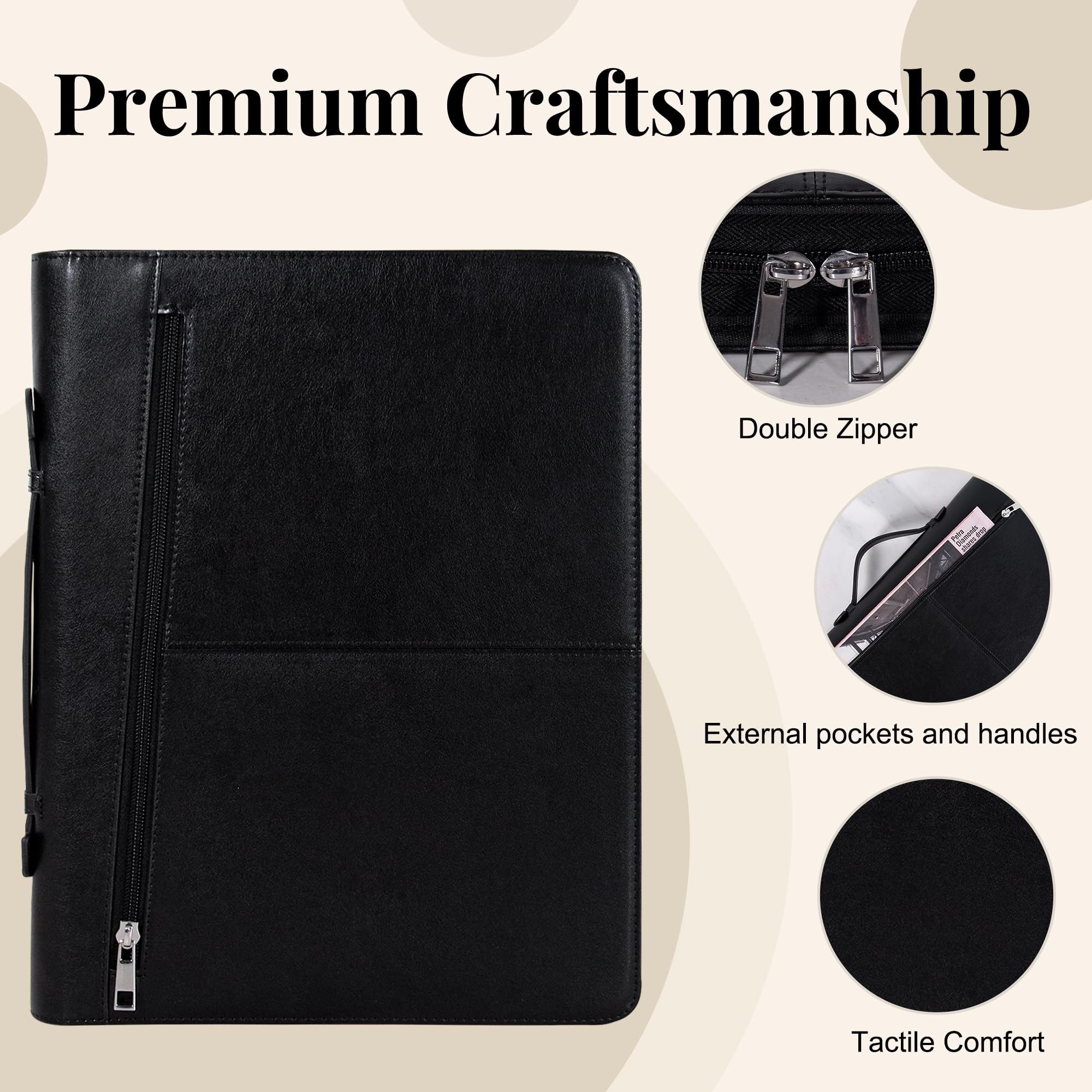 Calfinder Classeur portfolio avec poignée et fermeture éclair, en cuir pour homme et femme, organiseur de portefeuille avec porte-cartes de visite et poches, format lettre, bloc-notes A4
