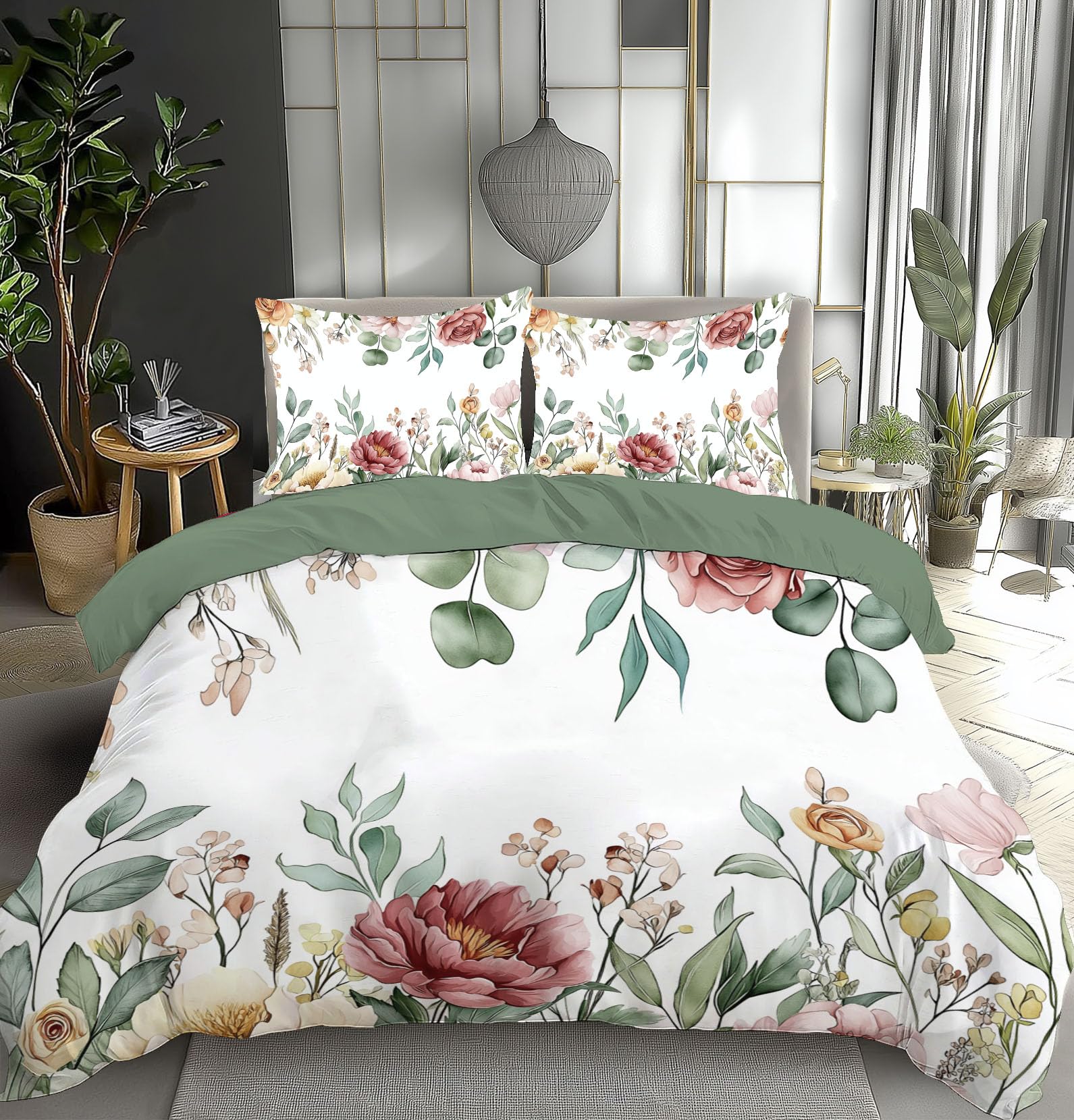 Parure de lit 240x260cm avec housse de couette florale aquarelle premium