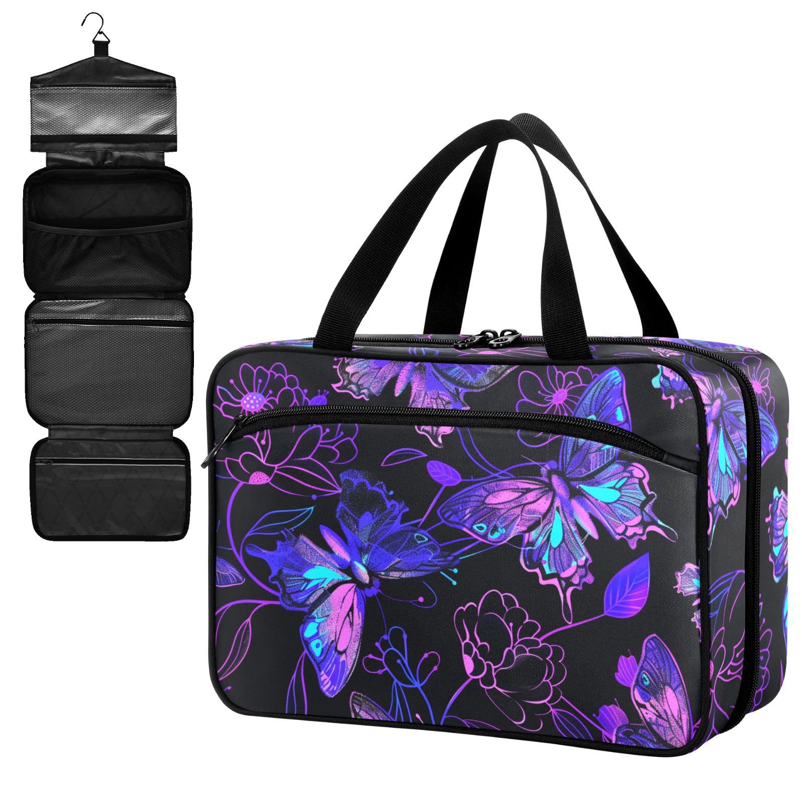 Fustylead Purple and Neon Butterflies and Flower Large Medical Supplies Organizer Bag with Zipper Empty First Aid Bag Trauma Kit for Traveling Hiking Camping