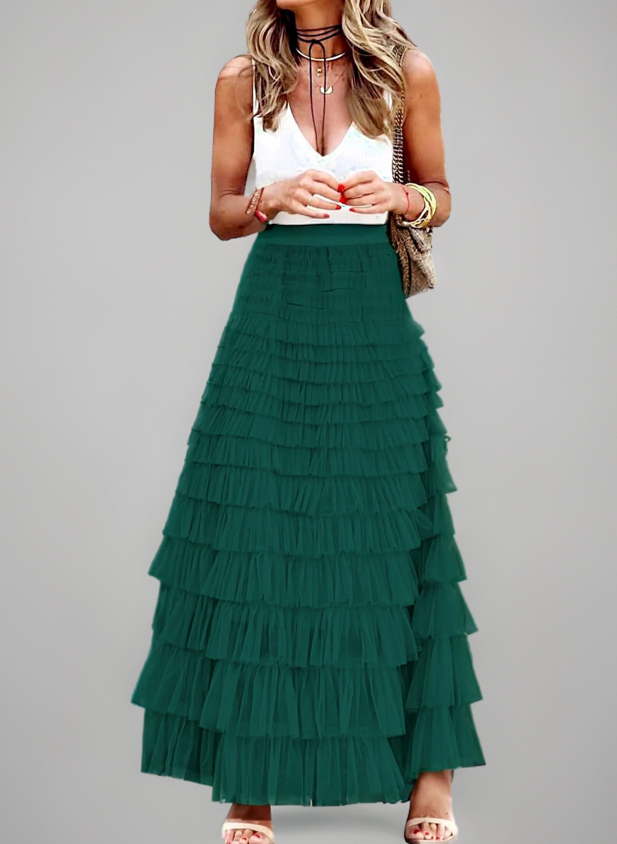 Gratoryna Womens Long Maxi Tulle Skirt A Line Ruffle Mesh High Waisted Tiered Layered Skirts Petticoat