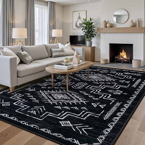 STARUIA Washable 8x10 Black and White Area Rug for Living Room, Western Aztec Tribal Moroccan Area Rug, Boys Neutral Rug for Bedroom, Non-Slip Large Carpet Under Dining Table Home Office