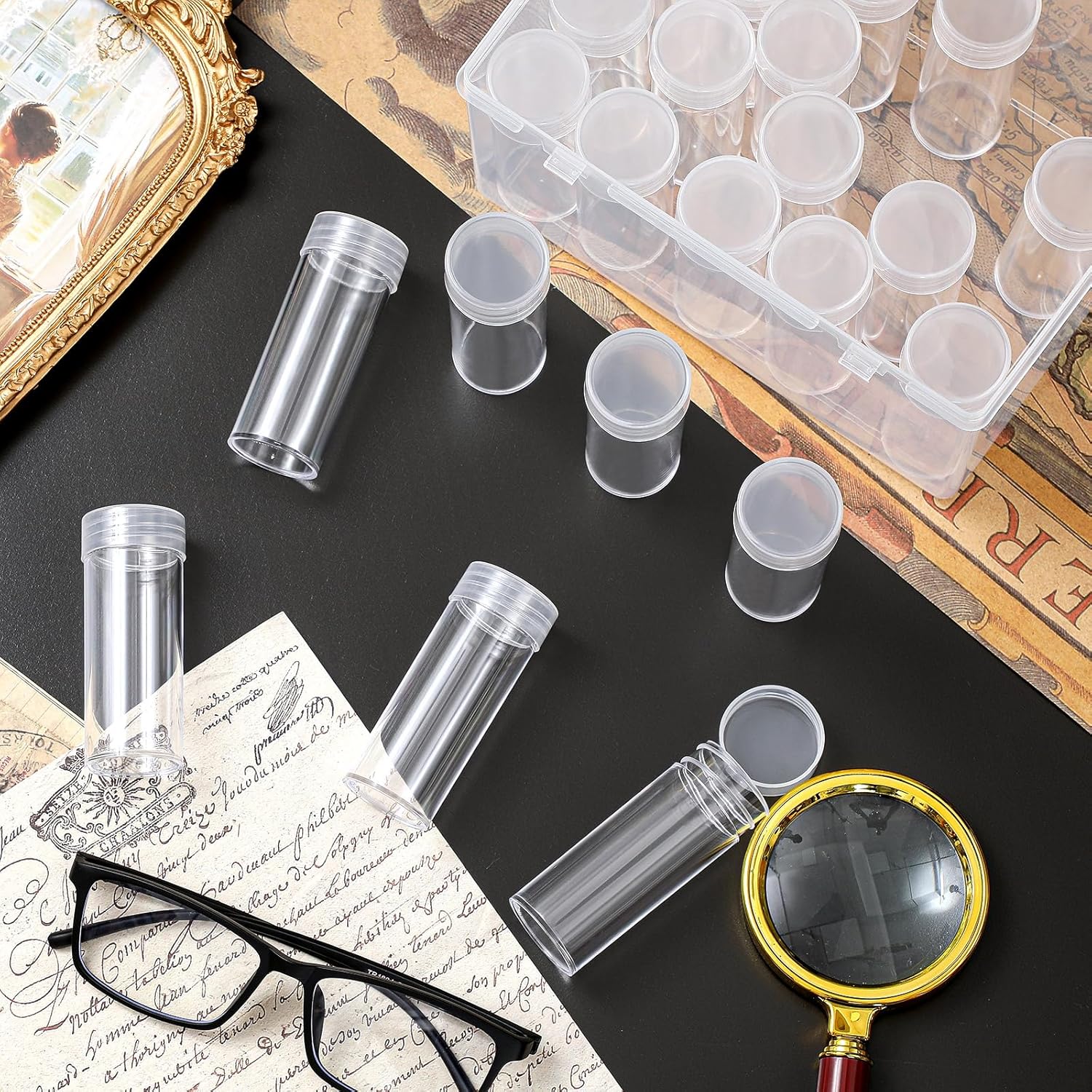 Qunclay 24 Pcs Quarter Coin Tubes with 1 Plastic Storage Box Clear Holders with Lid for Coins Collection Supplies, 3 x 1 Inch