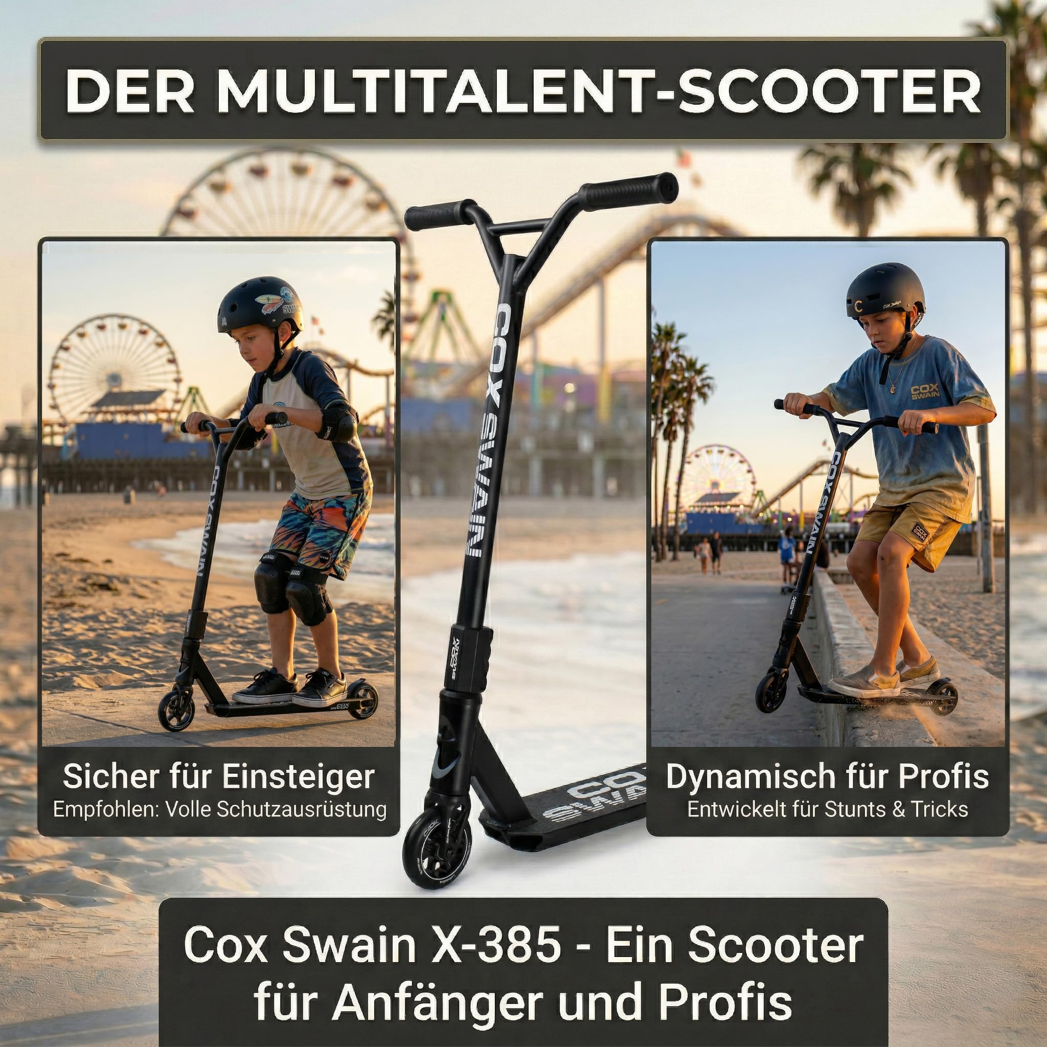 Cox Swain X-385 Stunt Scooter Kinder ab 10 Jahre – Stunt Roller mit SCS Compression, CNC-gefräster Alu Gabel aus einem Stück, ABEC 9 Alu Core Rollen & 360° Y-Lenker für Skatepark & Pipe