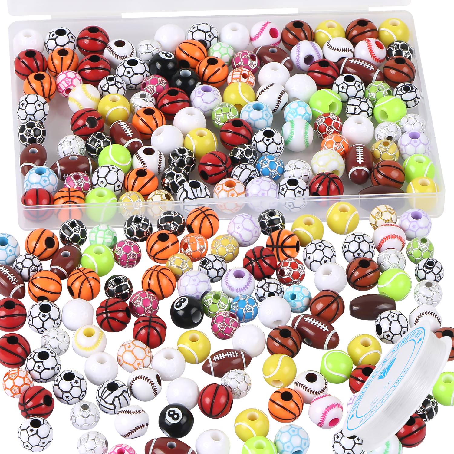 100 Pcs Sports Ball Beads Bulk with 5.5 Yard Elastic Rope,Acrylic Softball American Football Basketball Volleyball Baseball Tennis Beads for DIY