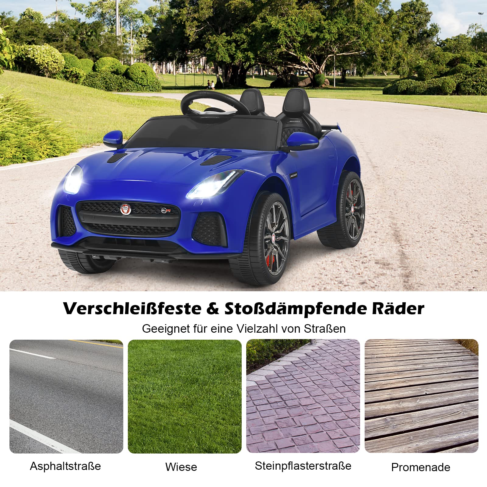 GOPLUS Elektroauto Jaguar, 12V Kinderauto mit 2,4 Ghz Fernbedienung, Softstart, LED Licht, Hupe, Musik, Sicherheitsgurt, 3-5 km/h, Kinderfahrzeug für Kinder ab 3 Jahre bis zu 25 kg (Blau)