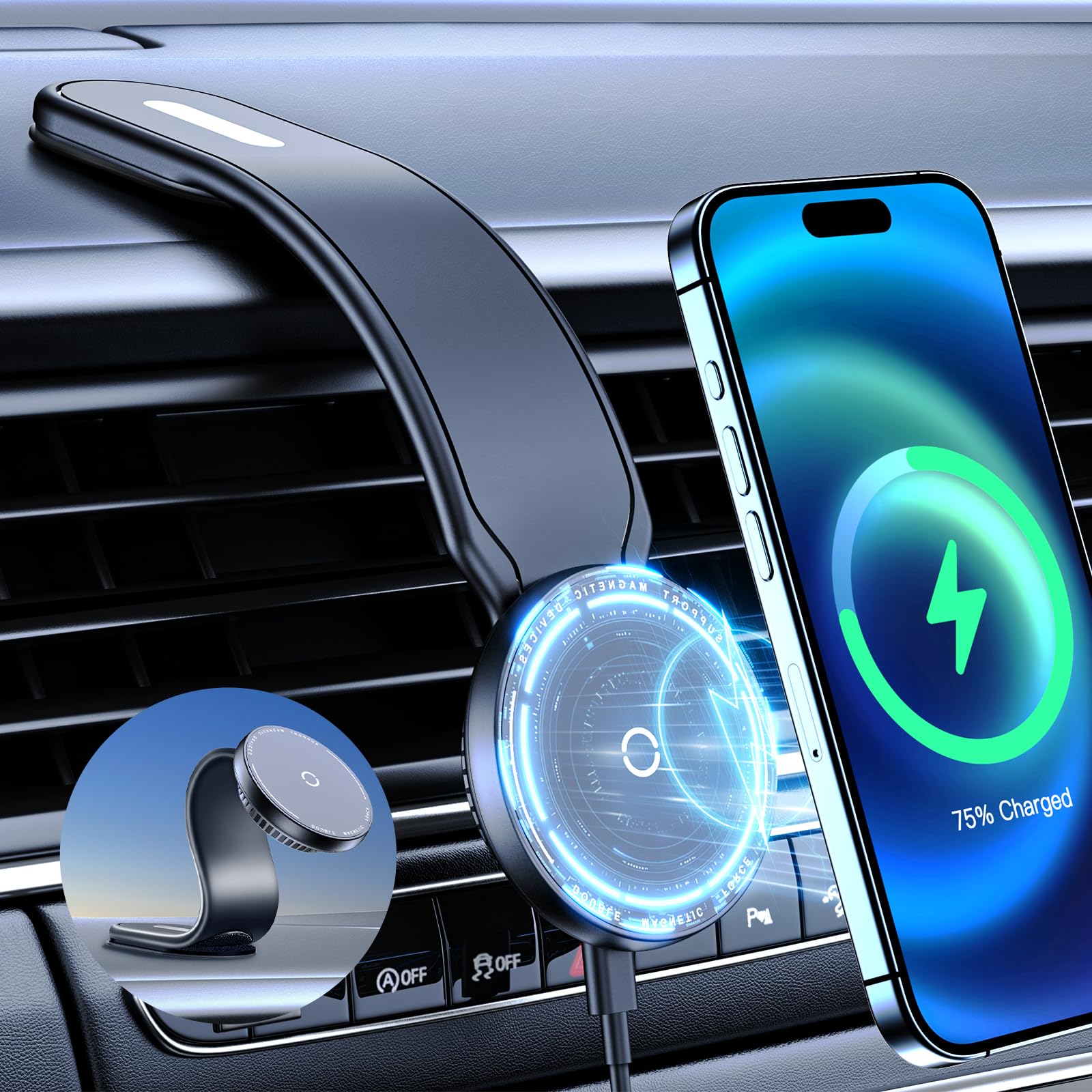This Hill for 15W Magnetic Car Mount Charger, Aluminum Alloy Material can be Folded Repeatedly, Magnetic Wireless Fast Charging for Car Dashboard/
