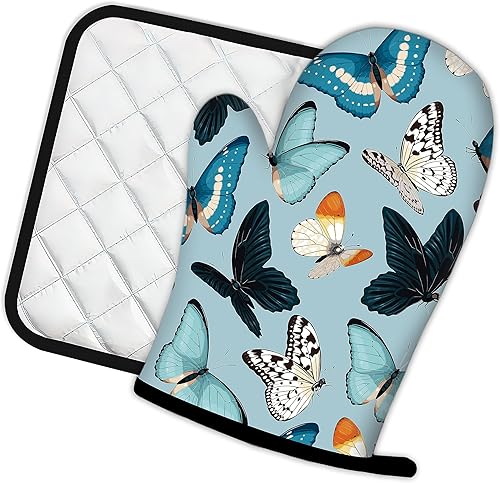Miniatura 2 de Juego de 2 guantes de cocina con diseño de mariposas azules, guantes de cocina resistentes al calor para hornear, barbacoa, decoración del hogar