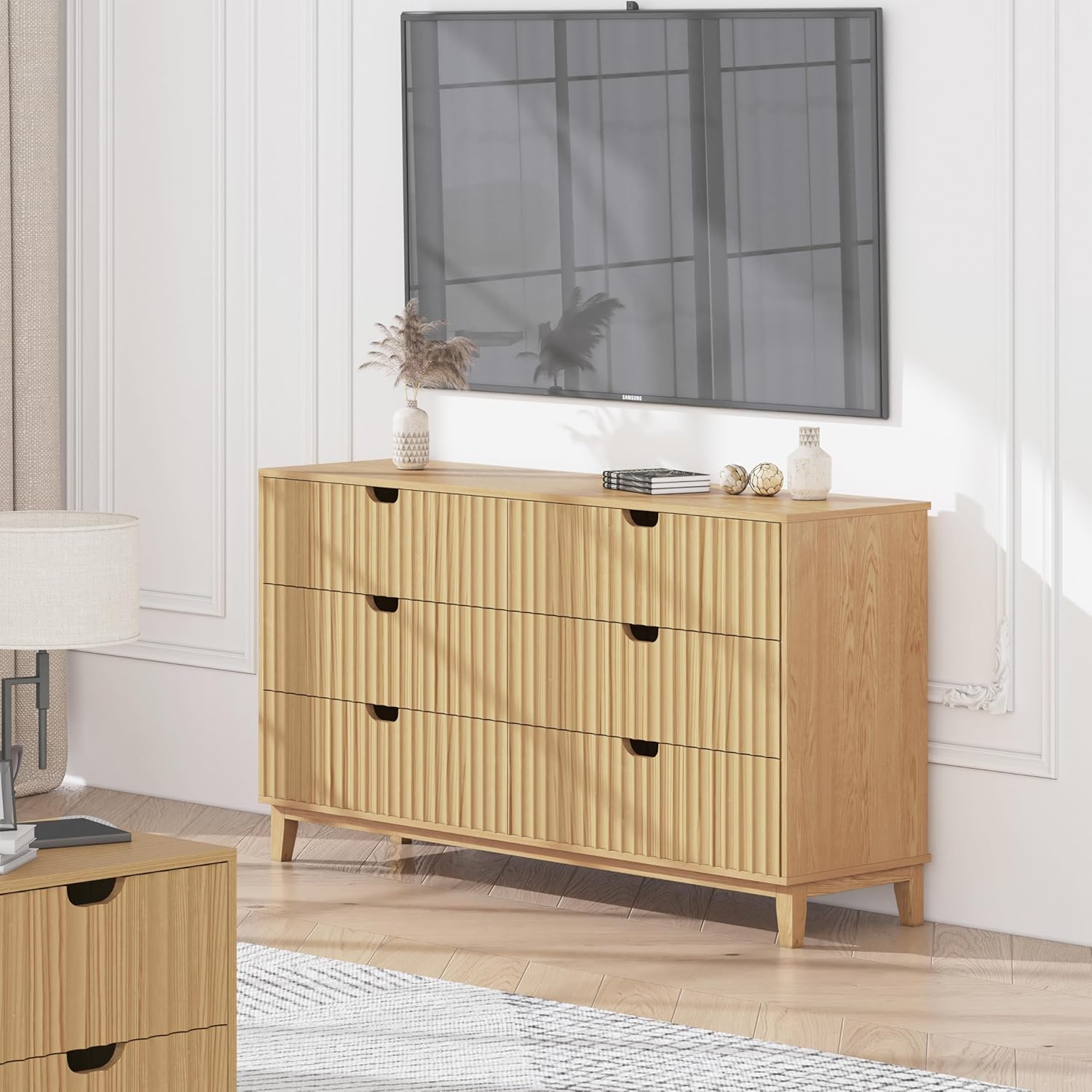 Fluted Dresser for Bedroom 6 Drawer, 58" Wide Large Wood Dresser, Chest of Drawers for Bedroom, Living Room, Hallway, Entryway, Modern TV Stand Drawer Organizer, Natural