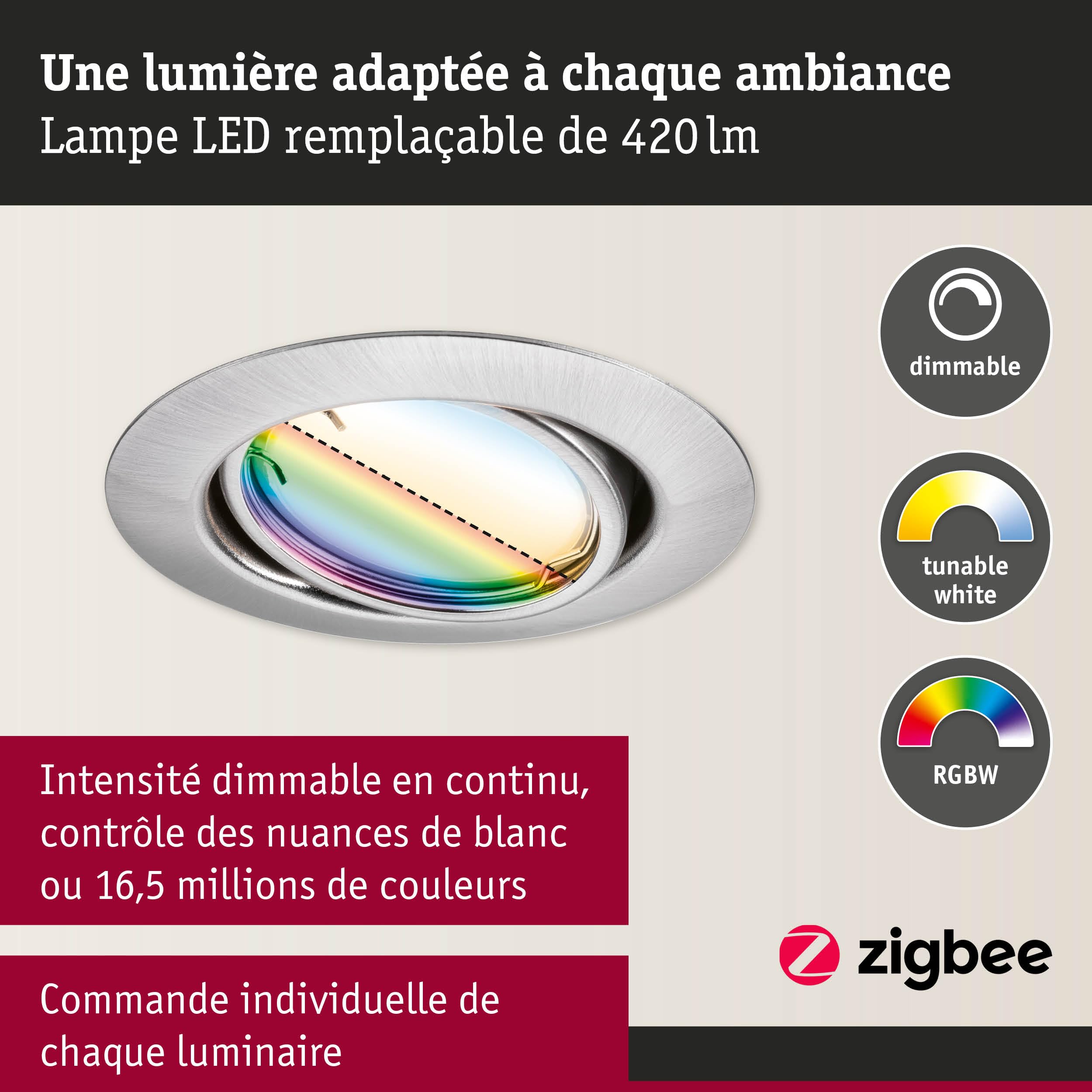 Paulmann 92467 Spot encastré LED Base Smart Home Zigbee kit de base orientable rond 230V 3x4,9W 3x420lm gradable 90 mm Acier brossé Métal RGBW+