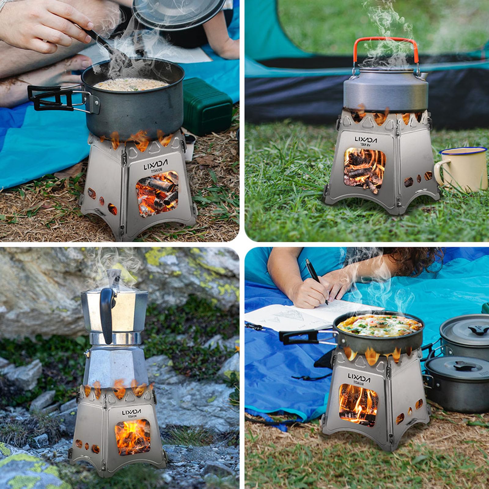 Lixada Camping Estufa de acero inoxidable plegable mochila estufa de madera mini barbacoa parrilla con bolsa de transporte para camping senderismo cocina
