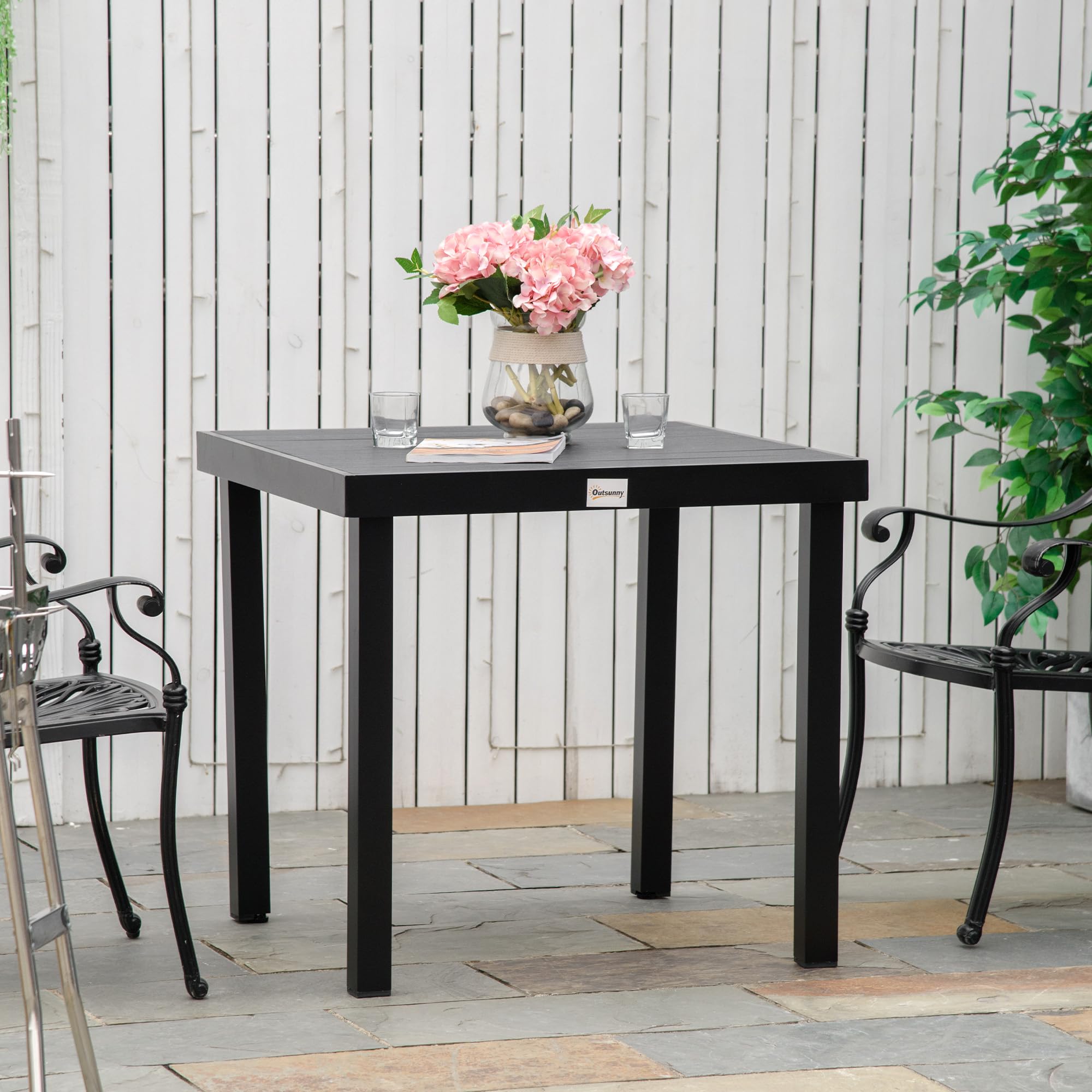 Outsunny Gartentisch für 6 Personen Esstisch Aluminiumtisch Gartenmöbel Loungemöbel pflegeleicht Kunststoff Natur+Schwarz 80 x 80 x 74 cm