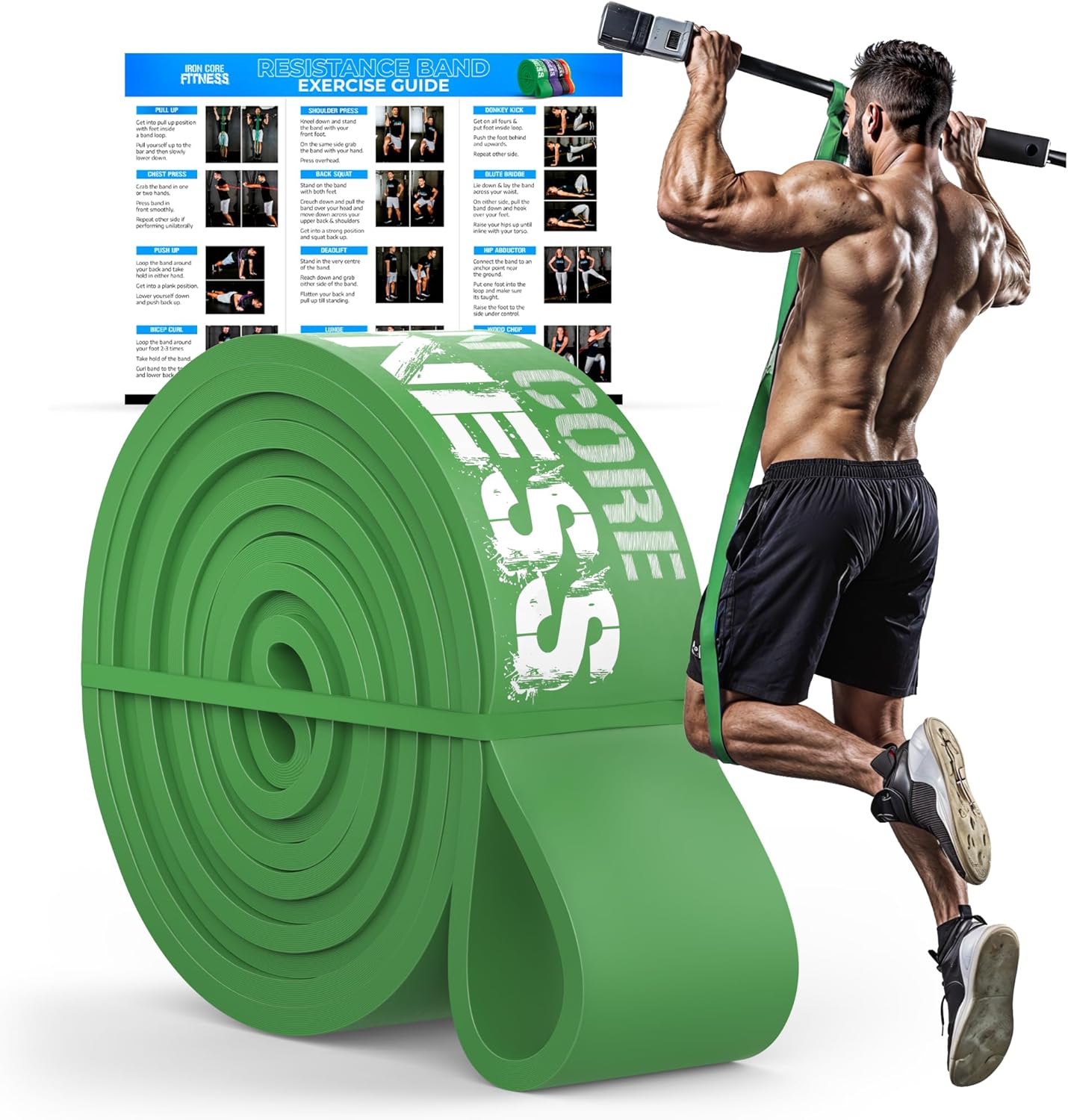 Pull Up Assistance Resistance Bands - Long Loop Power Bands for Men and Women - Strength Power Flexibility Training at Home & Gym - Ebooks & Workout Chart Included by Iron Core Fitness #8 Green - Image 1 of 8