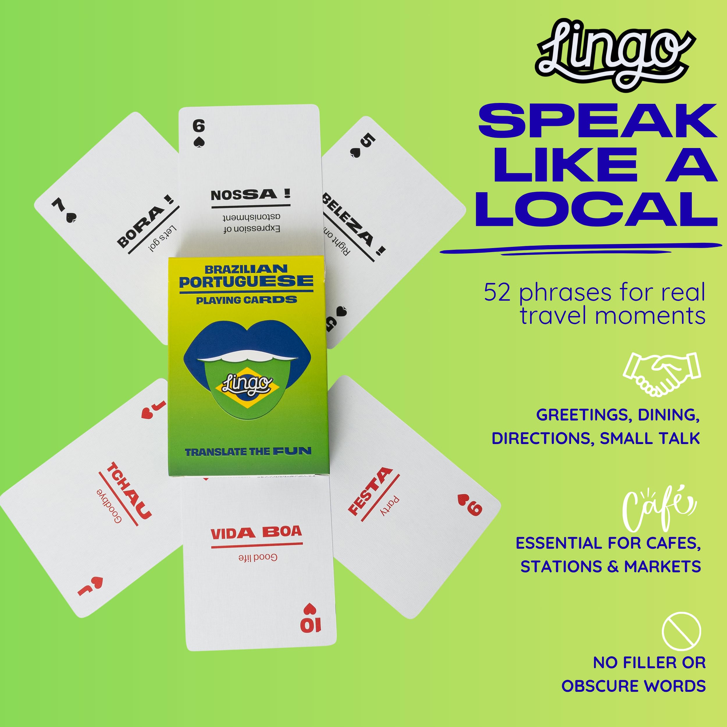 Brazilian Portuguese Lingo Playing Cards | Travel Flashcards | Learn Brazilian Vocabulary in A Fun & Easy Way | 52 Essential Translations