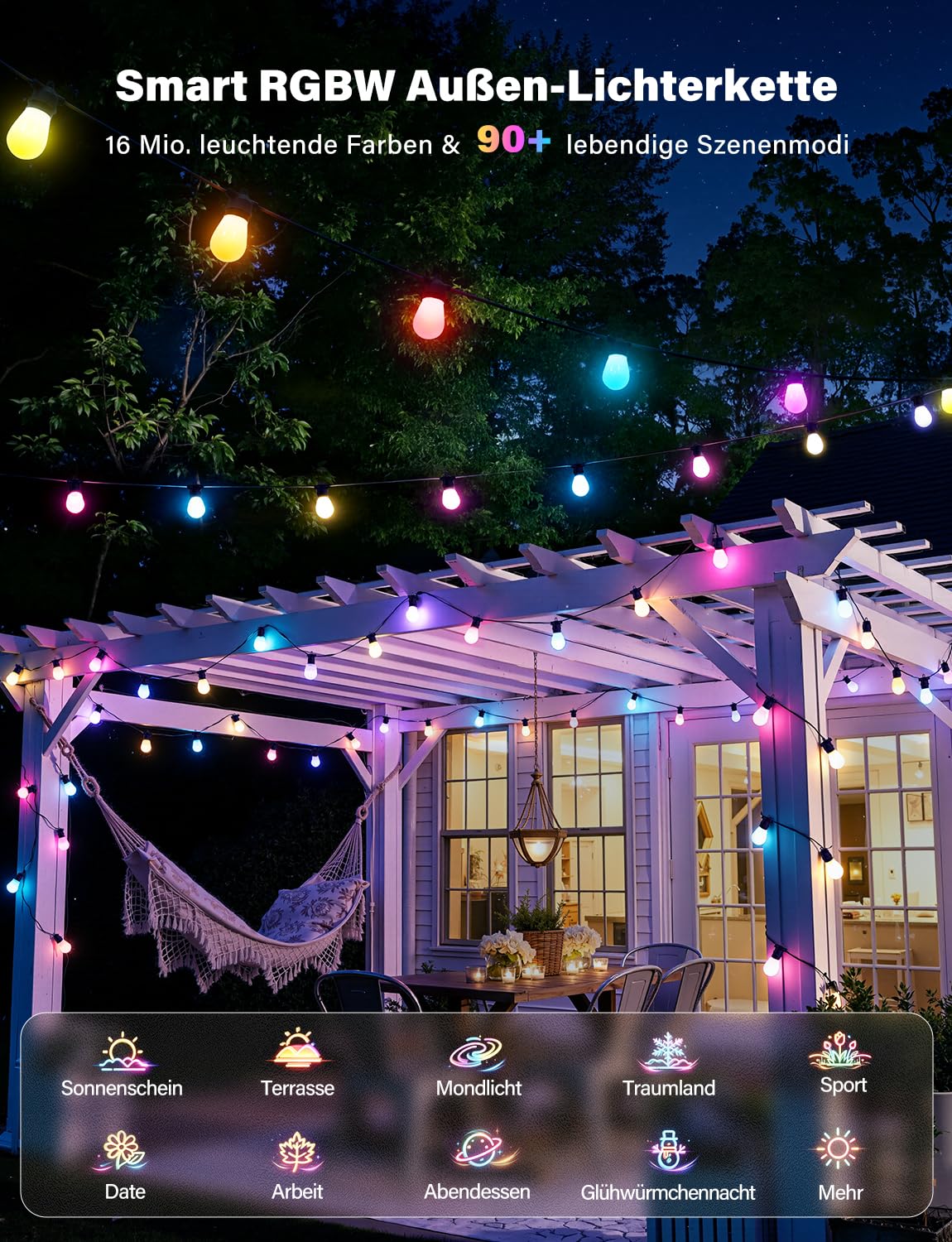 Ollny Lichterkette Außen 15M, RGBW S14 LED Lichterketten Outdoor Strom Dimmbar, 90+ Szenenmodi, App-Steuerung, Funktioniert mit Alexa, Google Assistant,IP65 Gartenbeleuchtung für Garten Party Terrasse