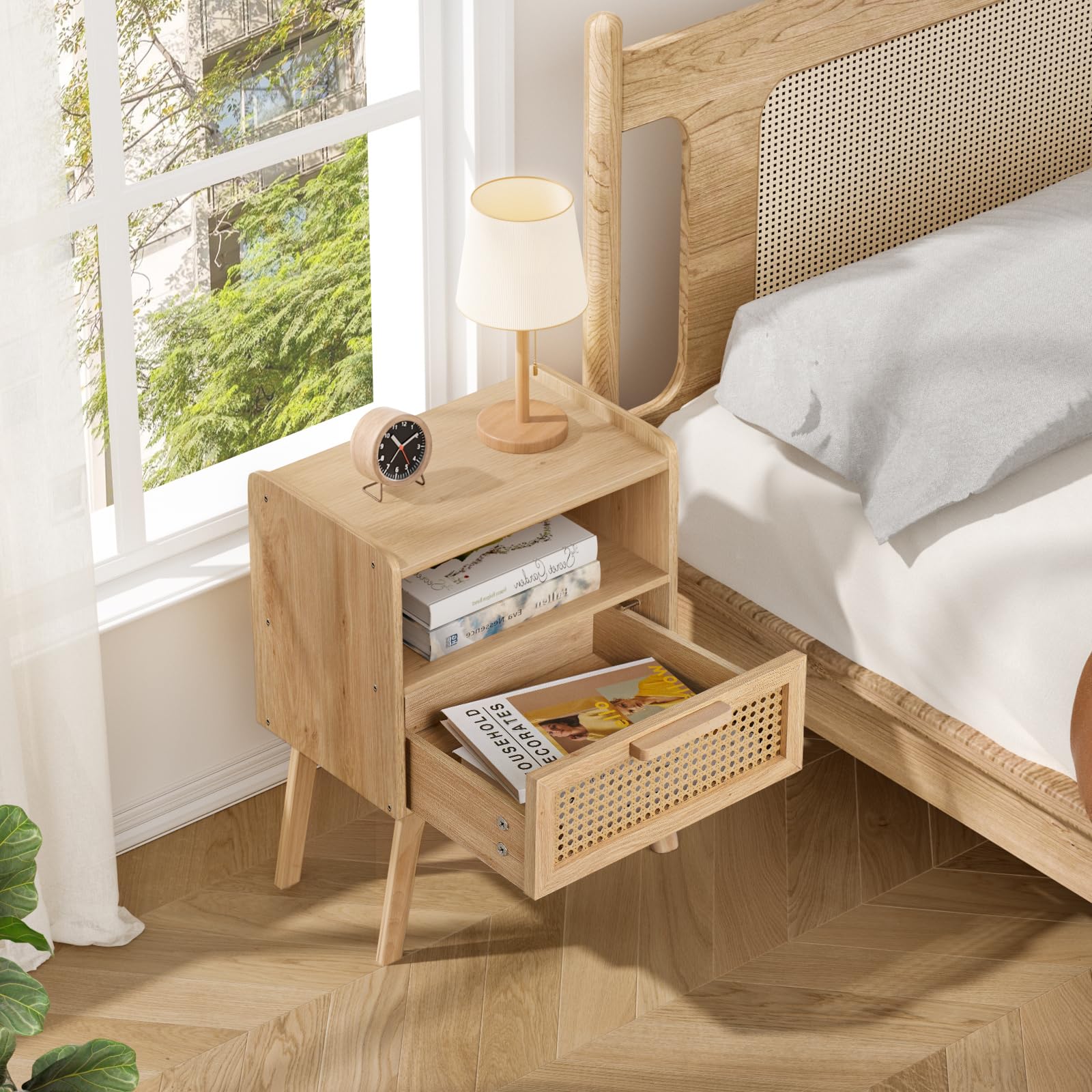 LELELINKY Lot de 2 Tables de Chevet en rotin bohème - Petite Table d'appoint en Bois avec tiroir et étagère Ouverte - Table de Chevet avec Pieds en Bois Massif - pour Salon, Table Basse, Chambre à