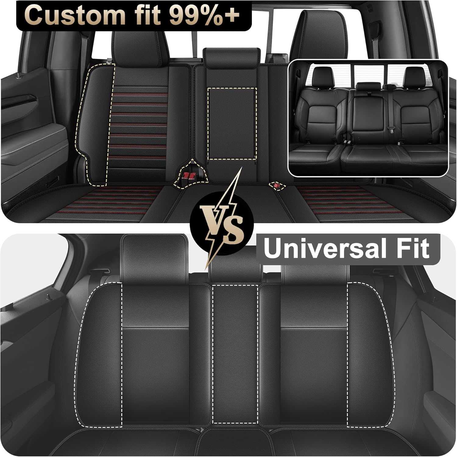 AOMSAZTO Seat Covers Fit for Chevrolet Chevy Silverado 2007-2025 2026 GMC Sierra Silverado 1500 2500HD 3500HD Trail Boss Z71 Crew Double Extended Cab Leather Truck Seat Covers Full Set (Black&Redline)
