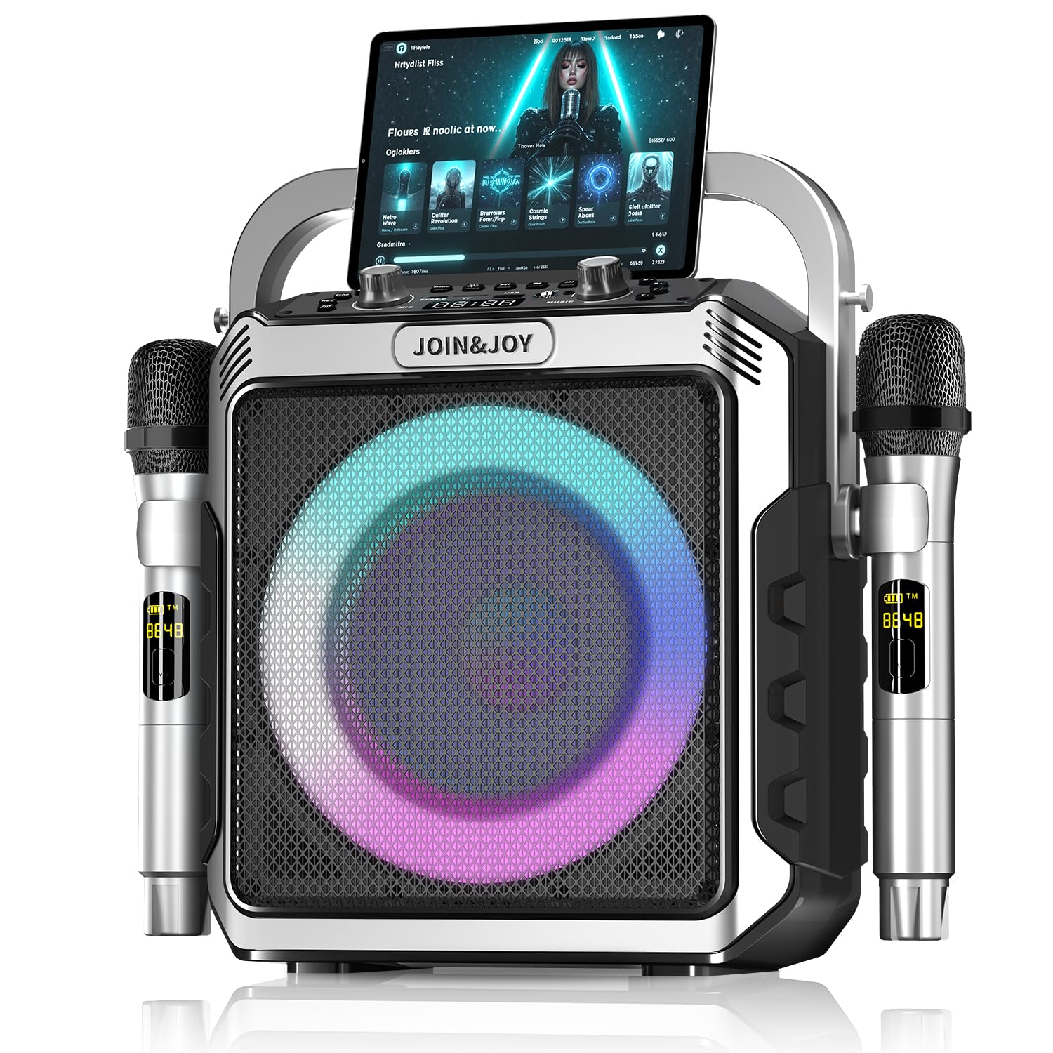 Portable Karaoke Machine, with Wireless Microphones, Bluetooth Party Speaker with LED Lights, Loud Subwoofer, USB/AUX, Outdoor Karaoke Speaker for Adults & Kids, Home & Party