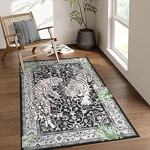Moynesa Tiger Washable Rugs, 3x5 Entry Area Rugs, Non Slip Vintage Soft Living Room Carpet, Boho Low Pile Stain Resistant Indoor Throw Mat for Kitchen Bedroom Entrance, Black