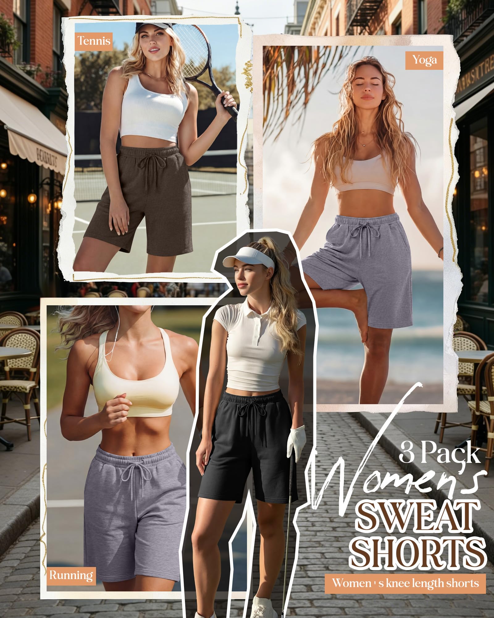 Neer Confezione da 3 bermuda da donna, per corsa, yoga, passeggiate, estivi, lunghezza al ginocchio, con coulisse, con tasche