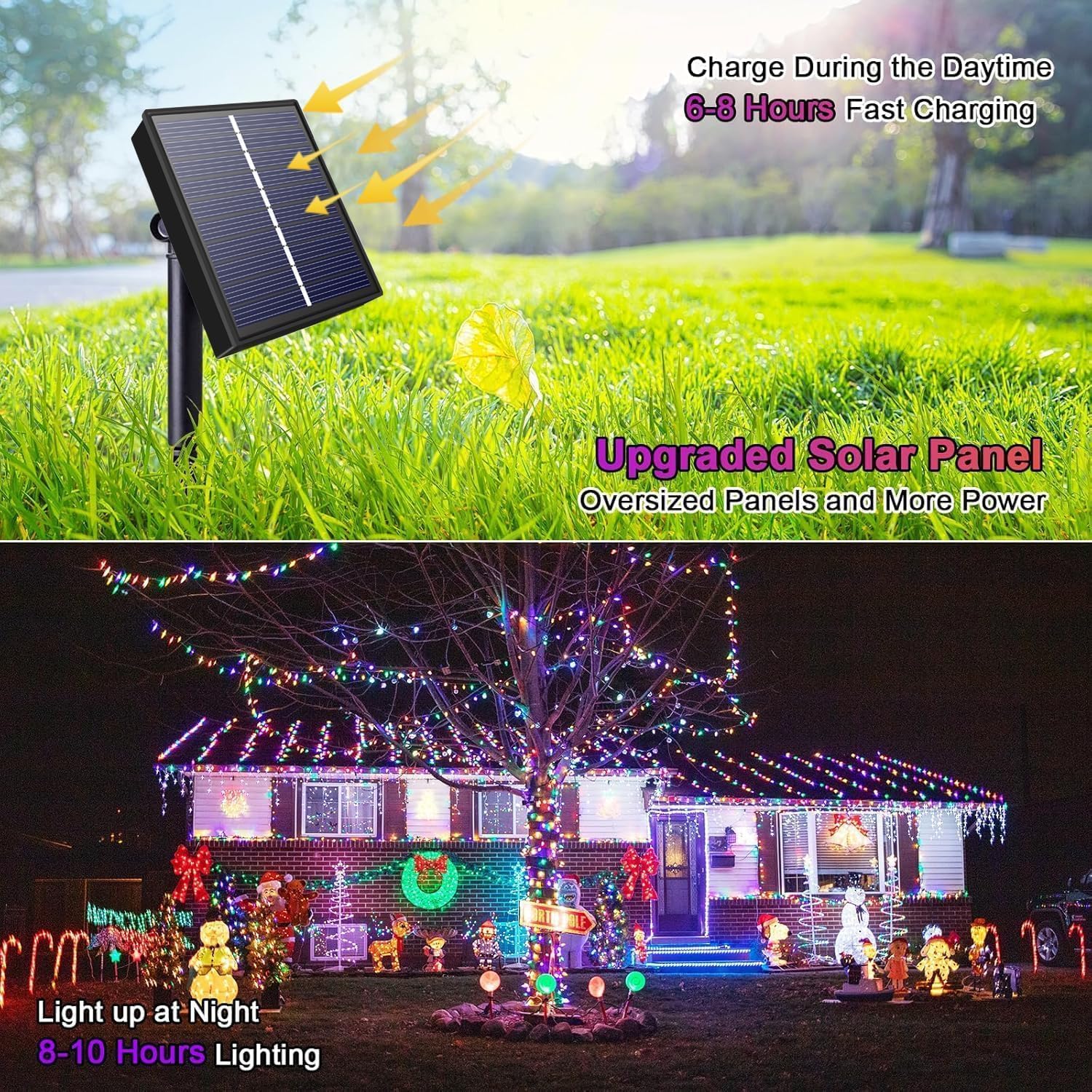 Amzxart Catena di luci solari per esterni, 2 x 22 m, 200 LED, per esterni, a energia solare, 8 modalità, decorazione natalizia per esterni, IP65, impermeabile, per balcone, albero di Natale (colore).