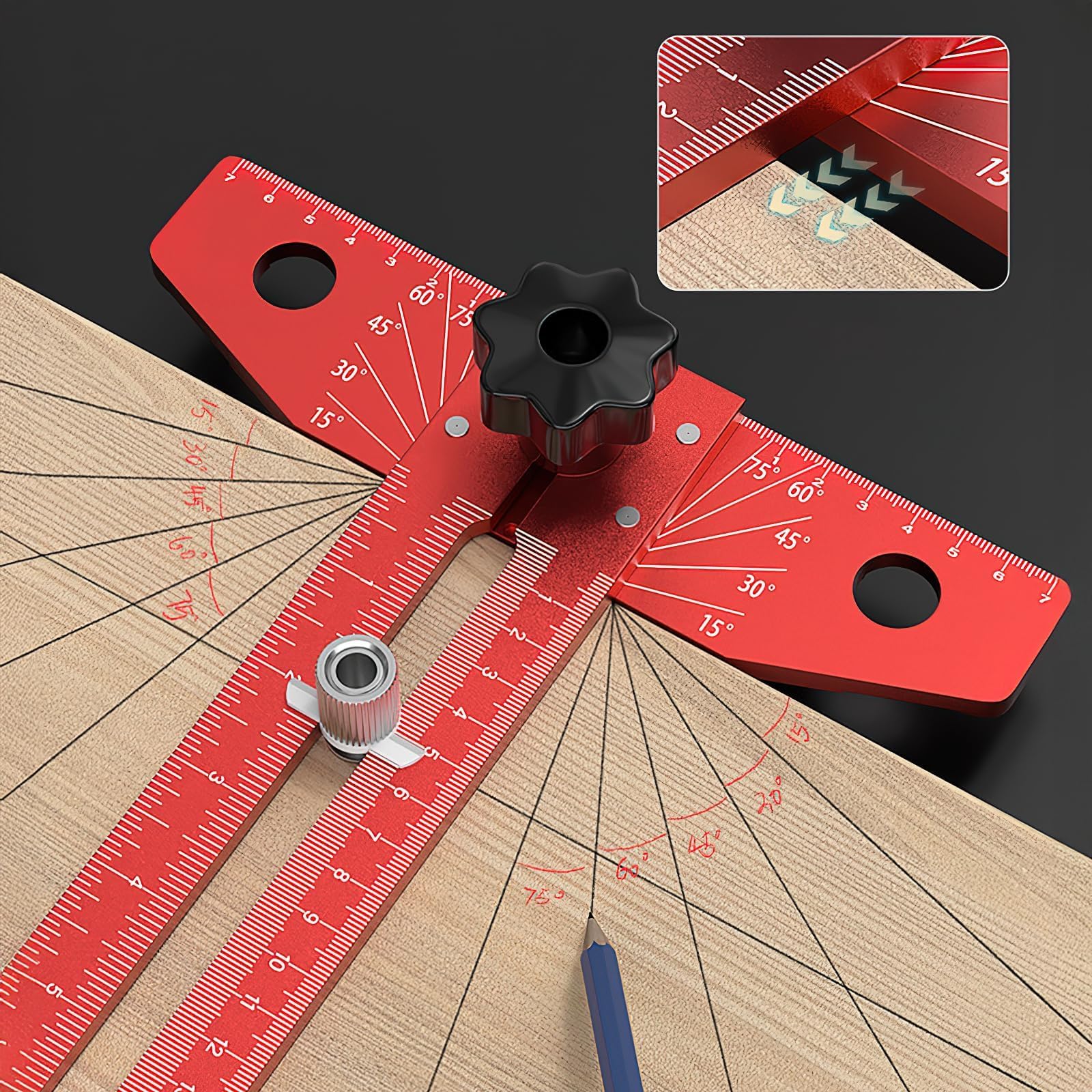 Équerre de Menuisier en T avec Règle Traceur, 40 cm Règle d’Angle en Alliage d'Aluminium, Rapporteur de Menuiserie Ajustable avec Gravée pour Bricolage Charpentier Architecte (Rouge)