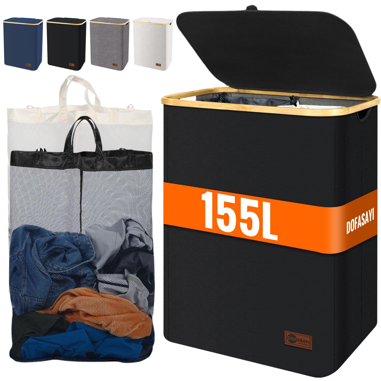 DOFASAYI Laundry Basket - Extra Large Laundry Hamper 2 Section with Removable Bag, Bamboo Handles, Foldable Clothes Hampers for Dirty Laundry Storage, Hamper for Laundry Room, Bedroom, Black