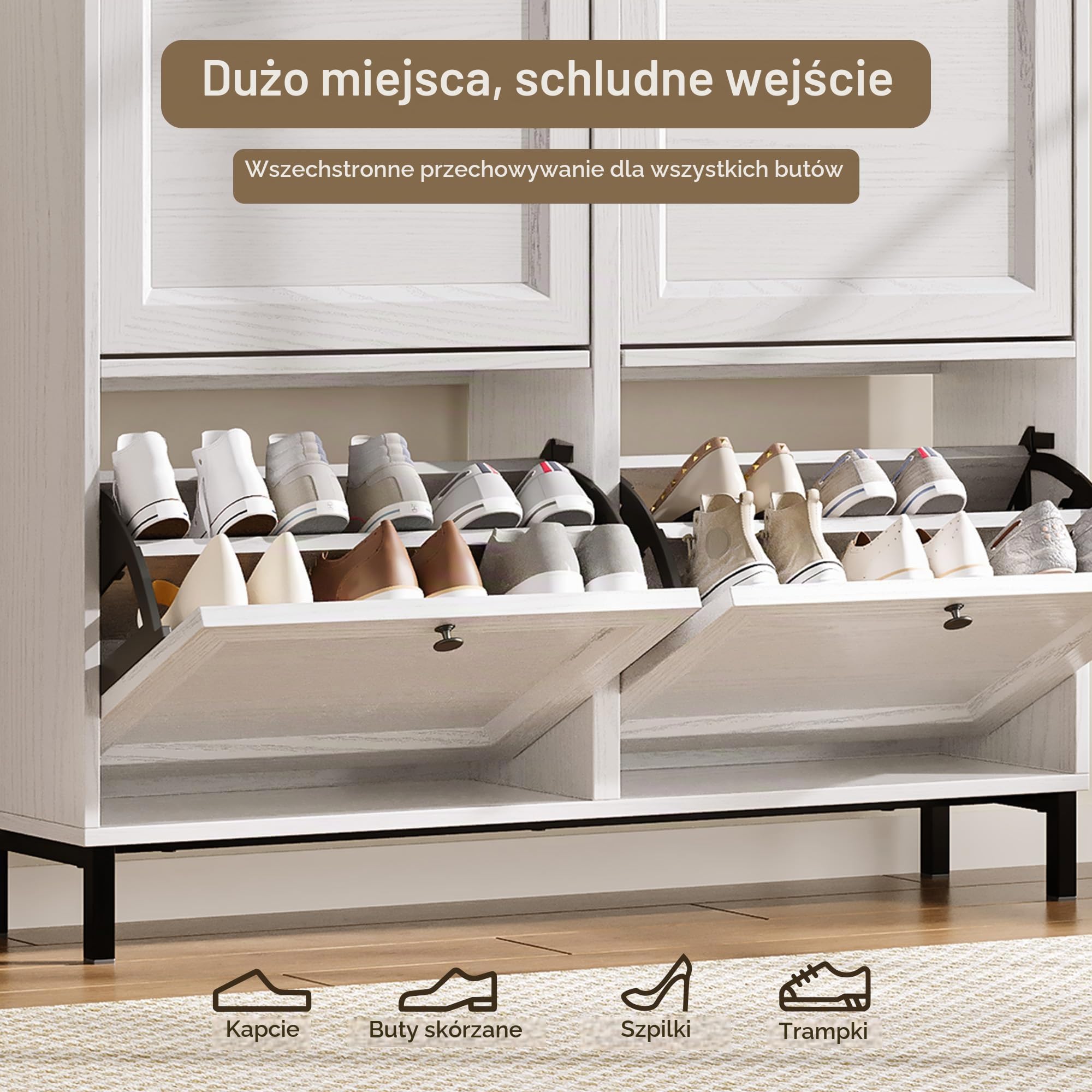 Blishom Wąska Szafka na Buty z 3/4 Klapami, Płytka Komoda Obuwnicza z Przegrodami o Głębokości 24 cm, Wielopoziomowy Regał na Buty, Oszczędzający Miejsce Organizer do Przedpokoju (Biały, 4 szuflady)