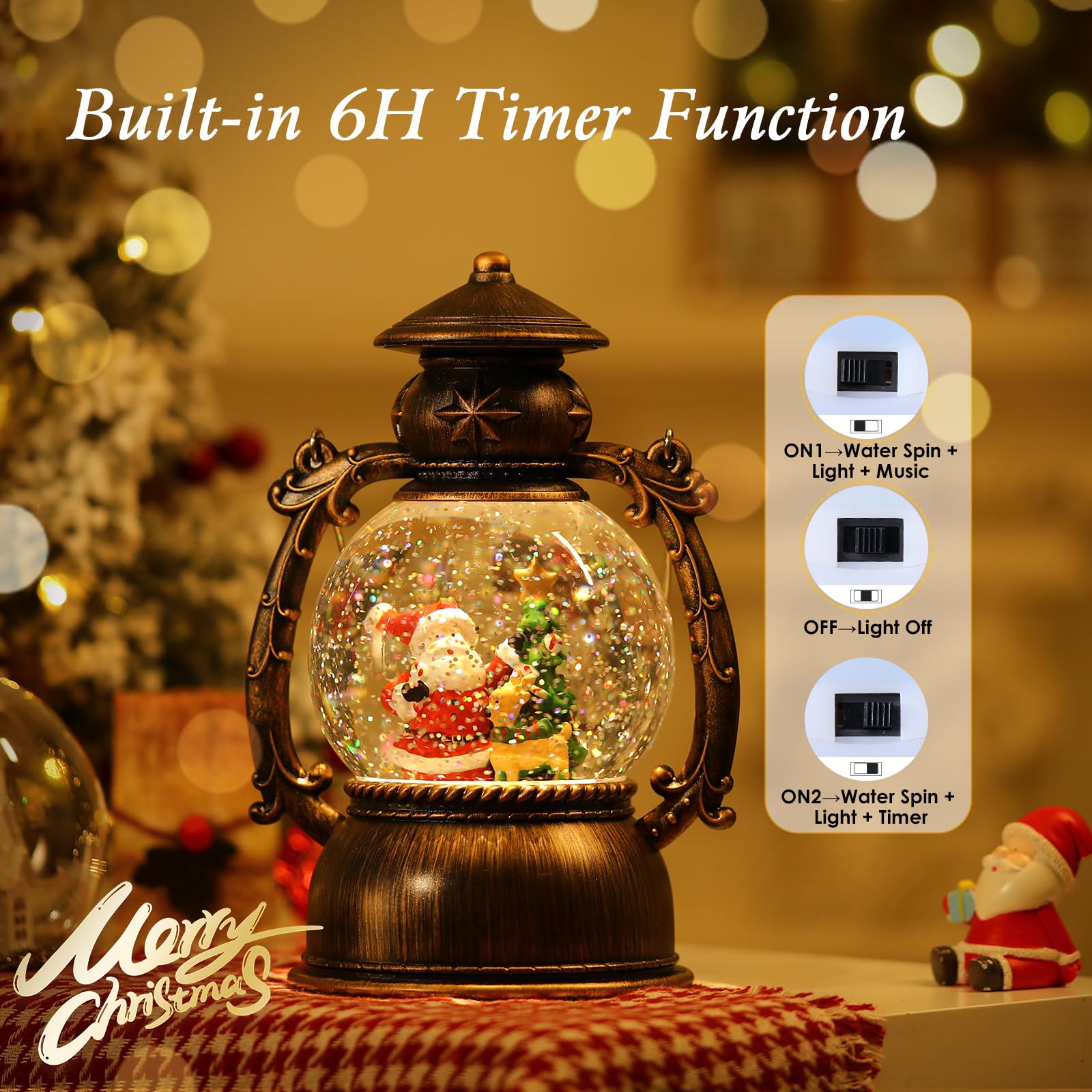 Lewondr Schneekugel Weihnachten mit Spieluhr, Elektrische Schneekugel Weihnachtsmann mit Musik & Licht & Timer Weihnachtsdeko Laterne Weihnachtslicht Batteriebetrieb/USB Beleuchtung, Messingfarbe