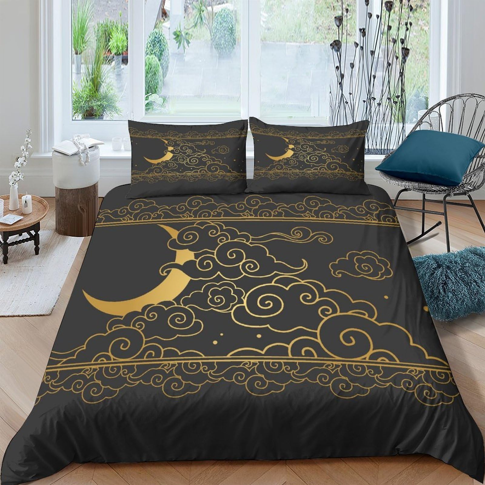 P5V6M1Q9 3D Printed Moon and Cloud Duvet Cover Set Microfiber Soft Black Gold Bedding with 2 Pillowcases for Bedroom Decor Apartment Single（135x200cm）