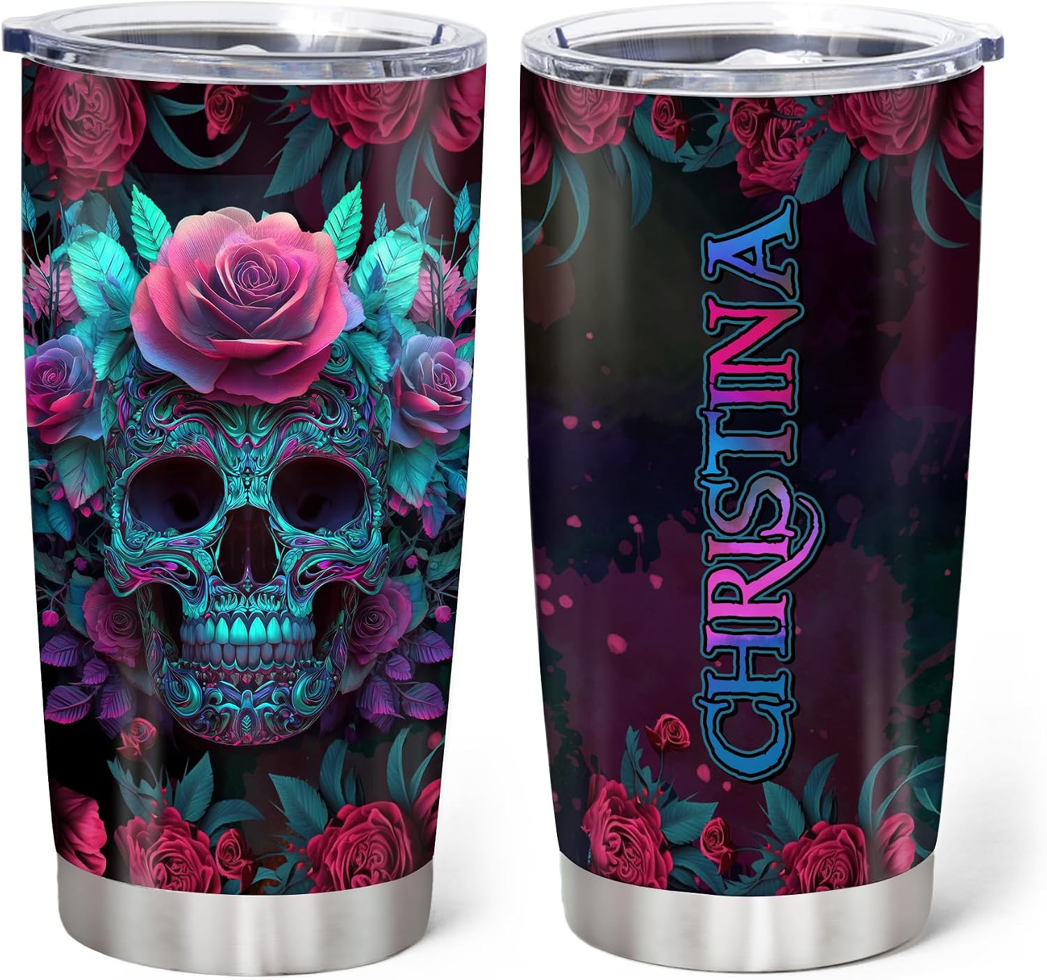 Hyturtle Personalized Skull Tumbler with Customize Name 20oz 30oz Tumbler with Lid Gift for Woman Skull Lovers - Floral Skull Travel Coffee Mug
