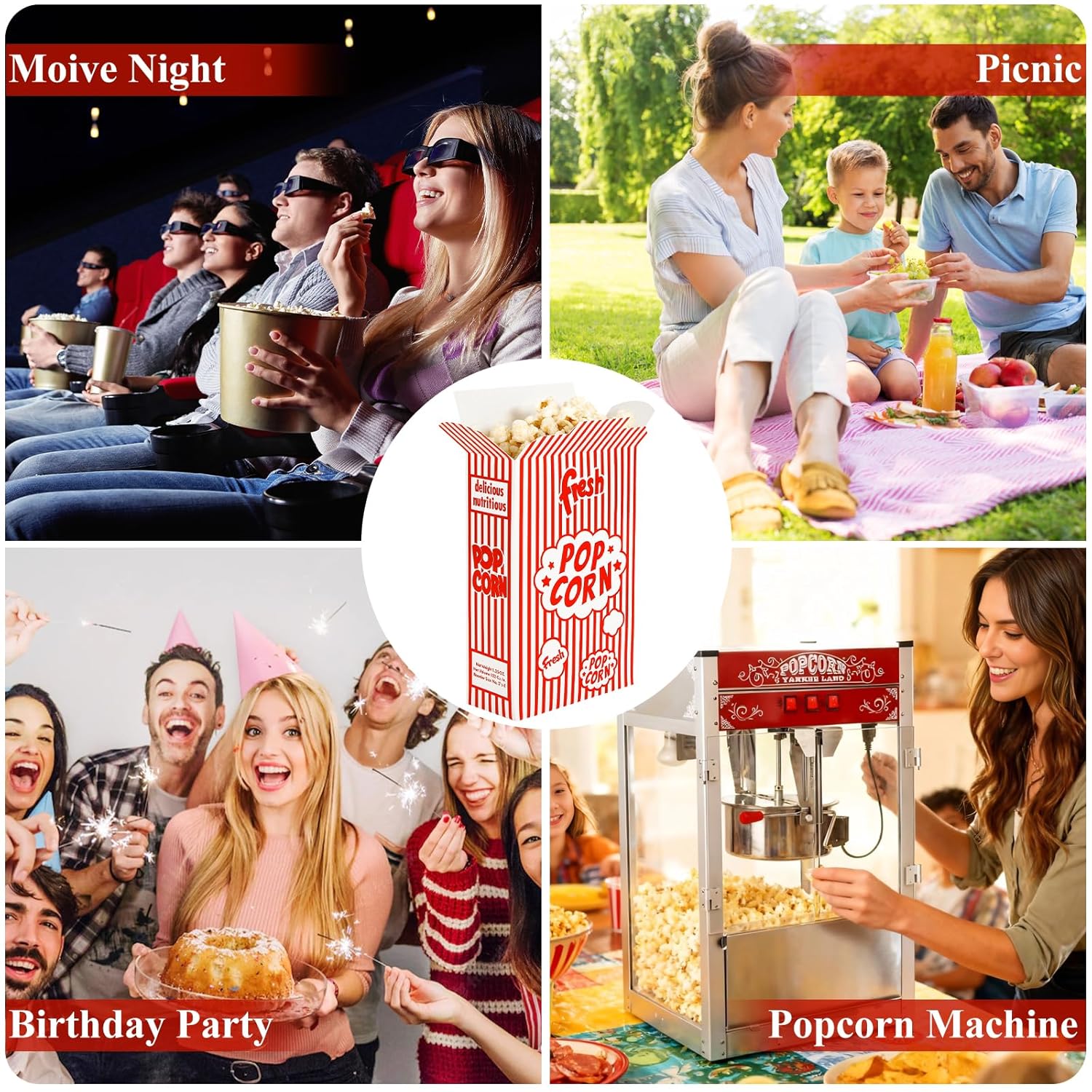 200 Pack Popcorn Boxes,1.25 oz Paper Popcorn Containers, Red and White Striped Close-Top Cardboard Pop Corners Bags, Individual Servings for Carnival Party, Movie Nights, Cinema, Christmas