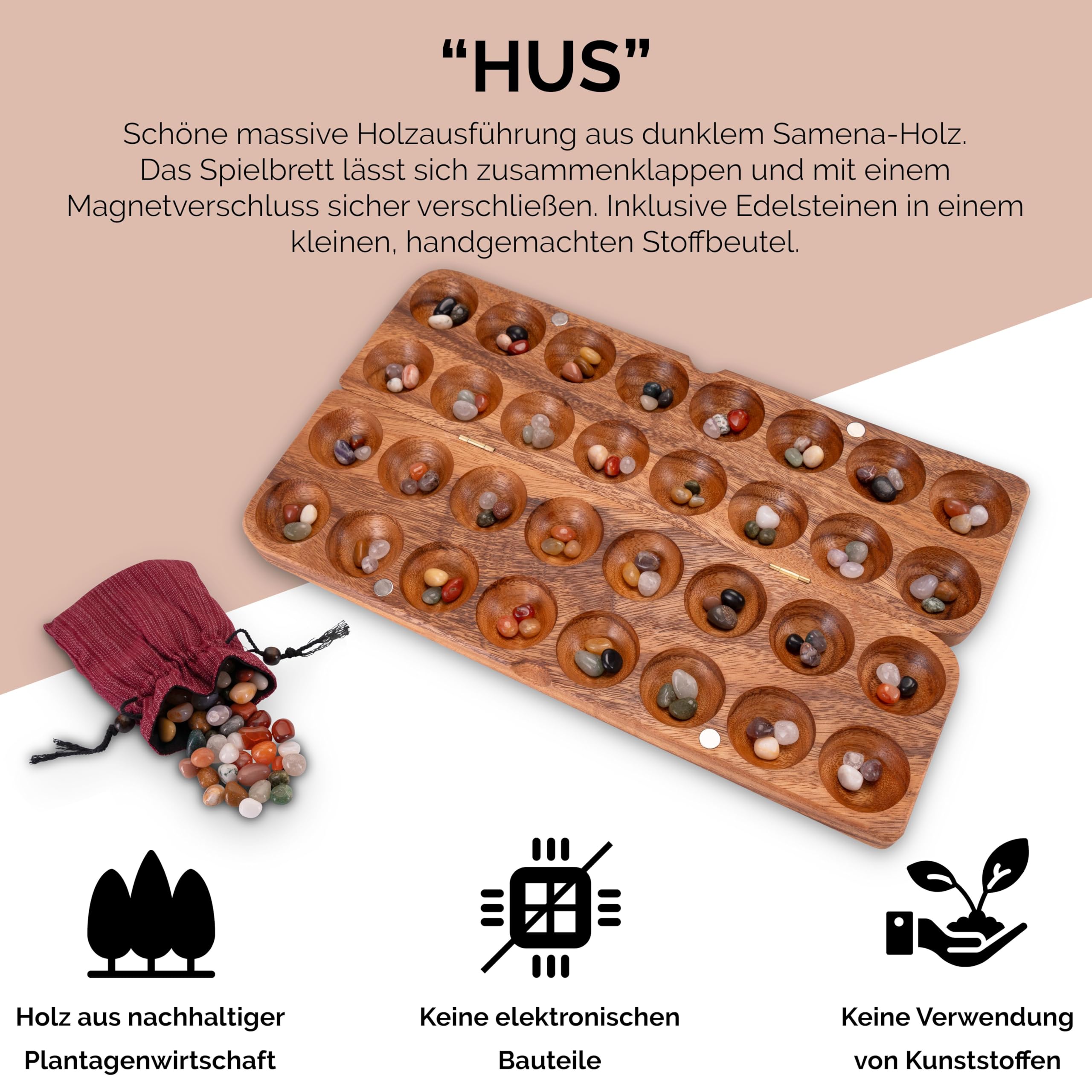 LOGOPLAY Hus Spiel Magnetverschluss Stoffbeutel 2 Spieler Bao Kalaha Edelsteinen