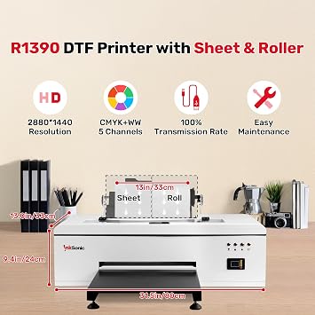 R1390 DTF Printer, C13 T-Shirt Printing Machine with Heat Press, 2026 Beginner-Friendly A3 DTF Printer Bundles, Direct to Film, White Ink Circulation Auto-Clean