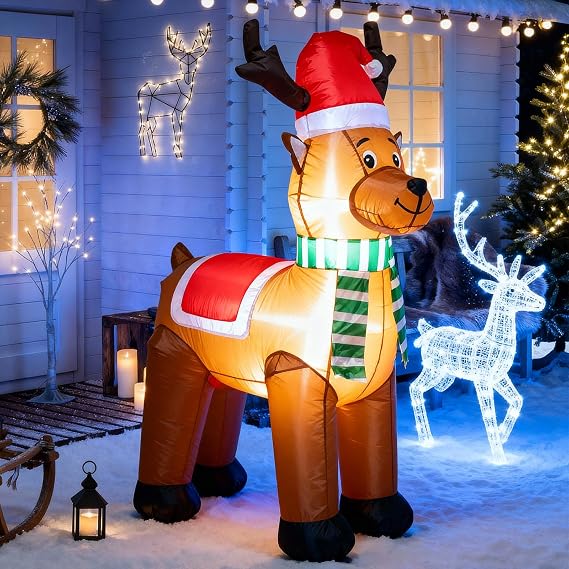 TRMESIA 4 FT Inflatable Christmas Reindeer Indoor Outdoor Decoration,LED Lights for Garden Yard Lawn Decor for Xmas Blow up Decor, with Classic Santa Hat and Blue White Scarf