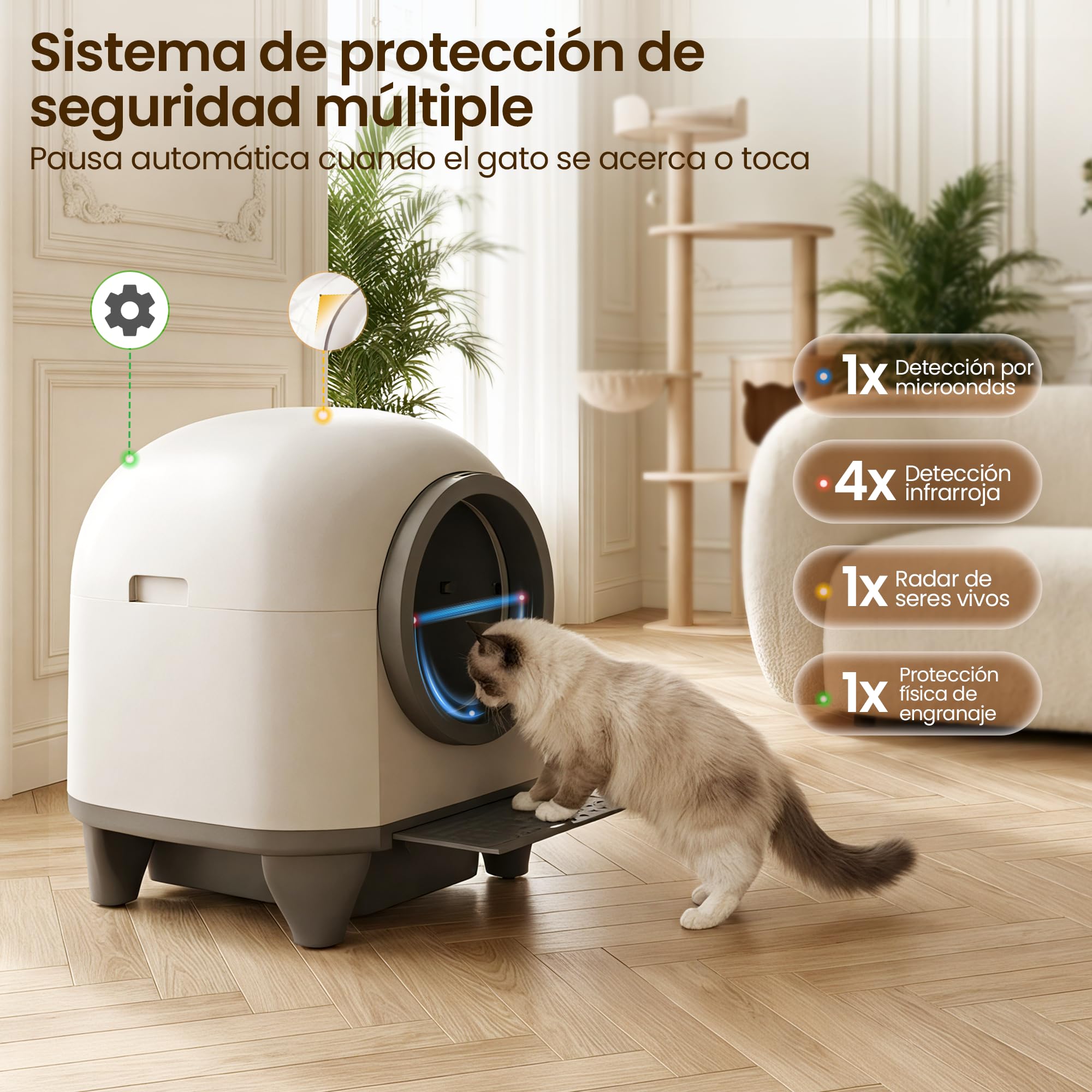 Arenero Gatos Autolimpiable con App, Caixa de Areia para Gatos Automatico de 90 L con cajón de heces de 8,5 L para más de una Semana, Sistema aromático y sensores Radar, Ideal para Varios Gatos. | Bandeja de arena autolimpiable con seguridad múltiple, con