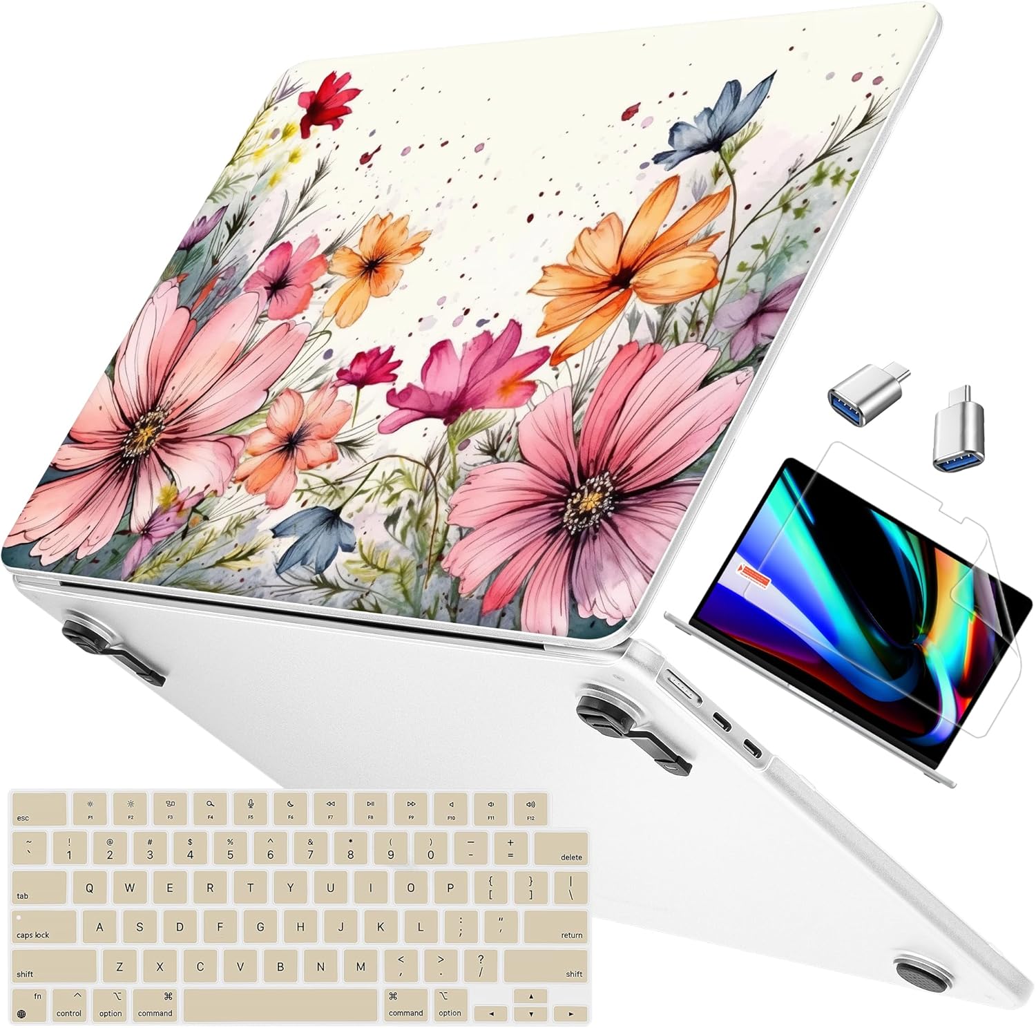 Mektron Case Compatible with MacBook Air 15.3 inch Printed Cover 2024/2023 M3 A3114 M2 A2941, [Same as Bare MacBook] Protective Hard Shell with Fold Kickstand, Colorful Floral