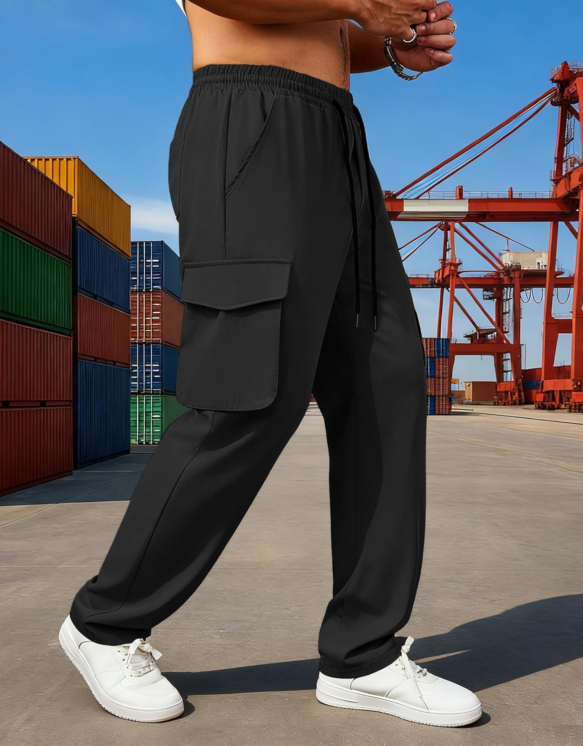 Men's Lightweight Cargo Pants Elastic Drawstring Casual Relaxed Fit Tapered Pants Multi Pockets S-3XL - Image 4