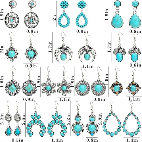 Miniatura 2 de NEWITIN 14 Pairs Turquoise Stud Earrings for Women Hypoallergenic Earrings Turquoise Jewelry Gemstone Oval Round Flower Shape Square Studs Turquoise