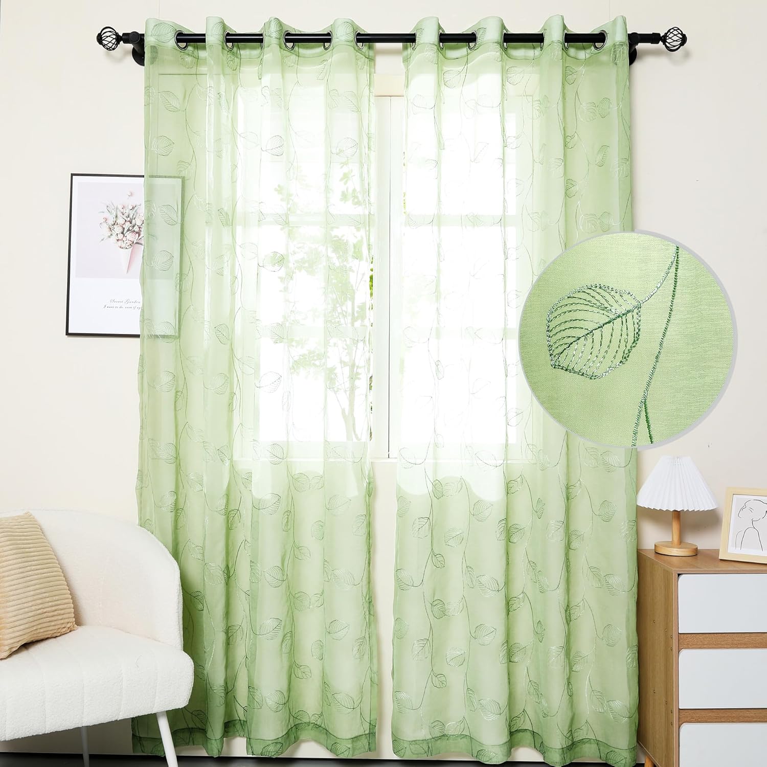 Sage Green Sheer Curtains for Bedroom 96 Inches Long Chic Embroidered Leaves Printed Window Curtain Panel Semi Sheer Voile Grommet Window Curtains Home Decor 2 Panels