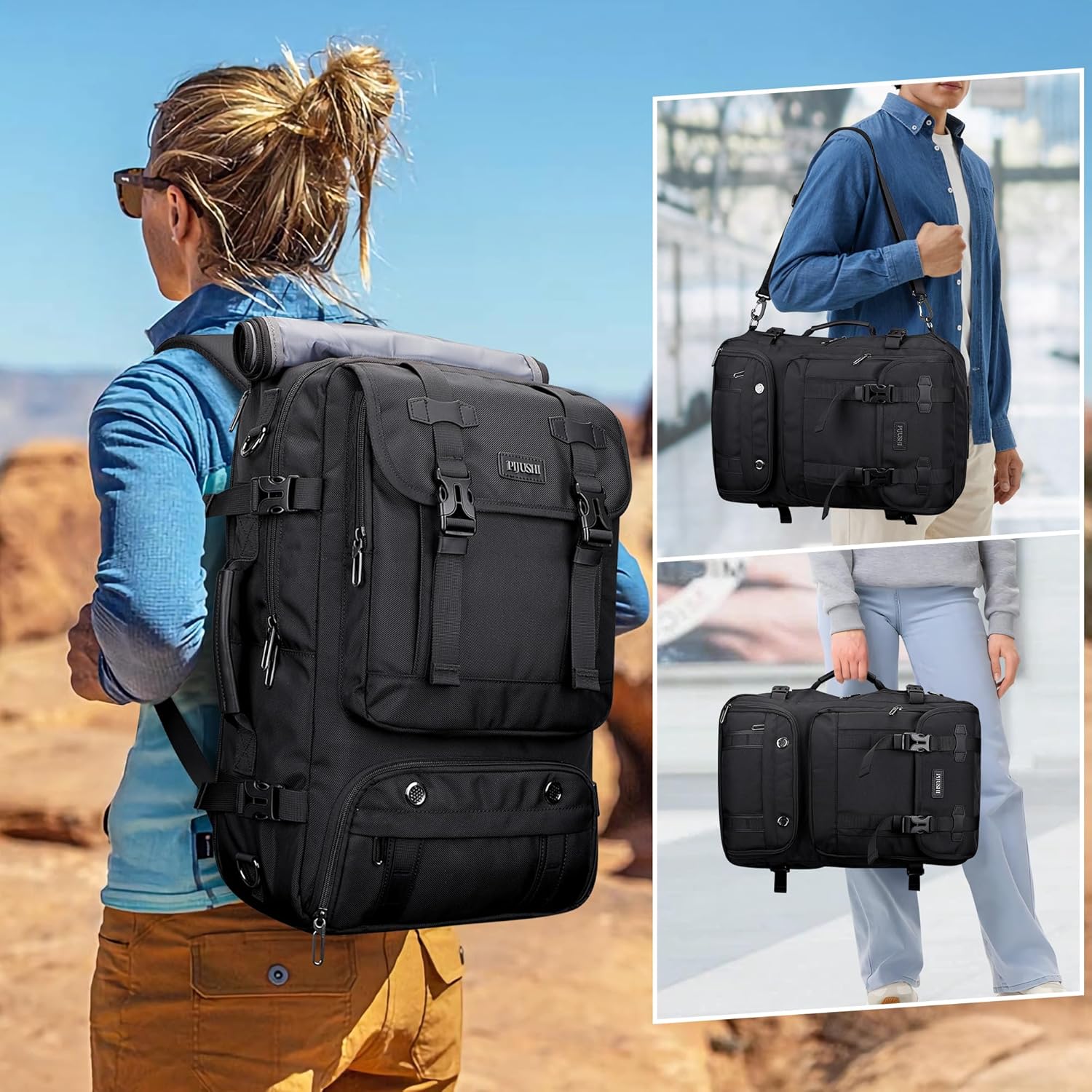 PIJUSHI Travel Backpack for Women Men Carry on Luggage Backpack Flight Approved Convertible Duffle Bag Fit 16 Inch Laptop(PE037 Black) - Image 2