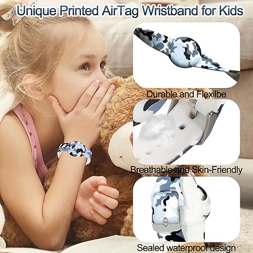 Miniatura 21 de Paquete de 4 pulseras impermeables AirTag para niños, pulsera impresa oculta para Apple AirTag, soporte de silicona AirTag para rastreador