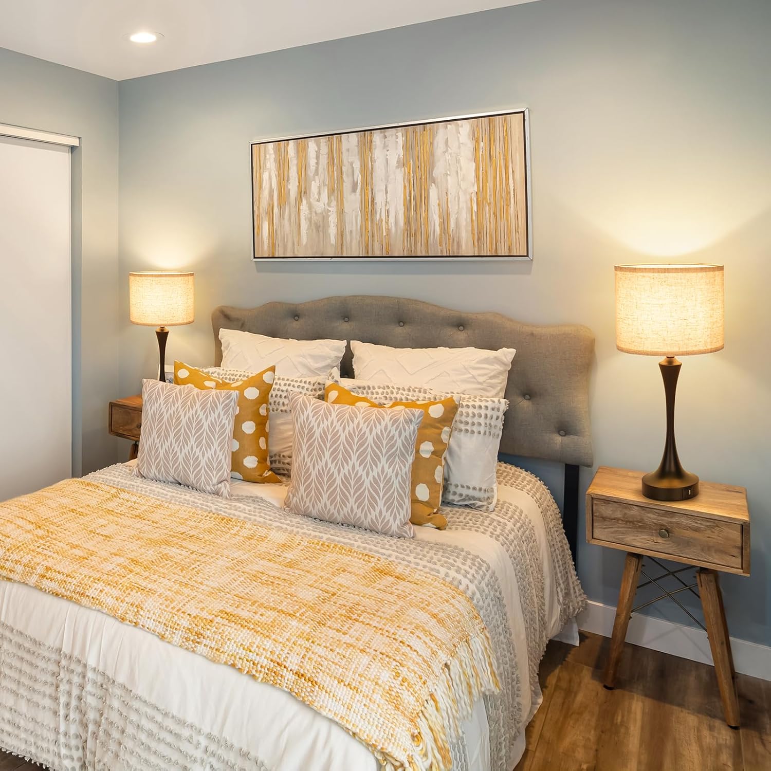 GGOYING 22” Set of 2 Touch Control Table Lamp with USB A+C Ports, 3-Level Dimmable Bedside Lamp with Fabric Lampshade, 3000K LED Bulbs, Nightstand Lamp for Bedroom Livingroom Office, Black