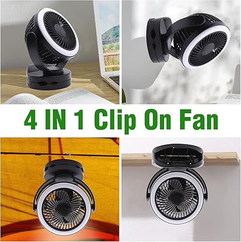 Miniatura 2 de Ventilador de refrigeración recargable USB portátil de 5000 mAh, con clip giratorio de 360, ventilador de pared con gancho y luz, 4 velocidades,