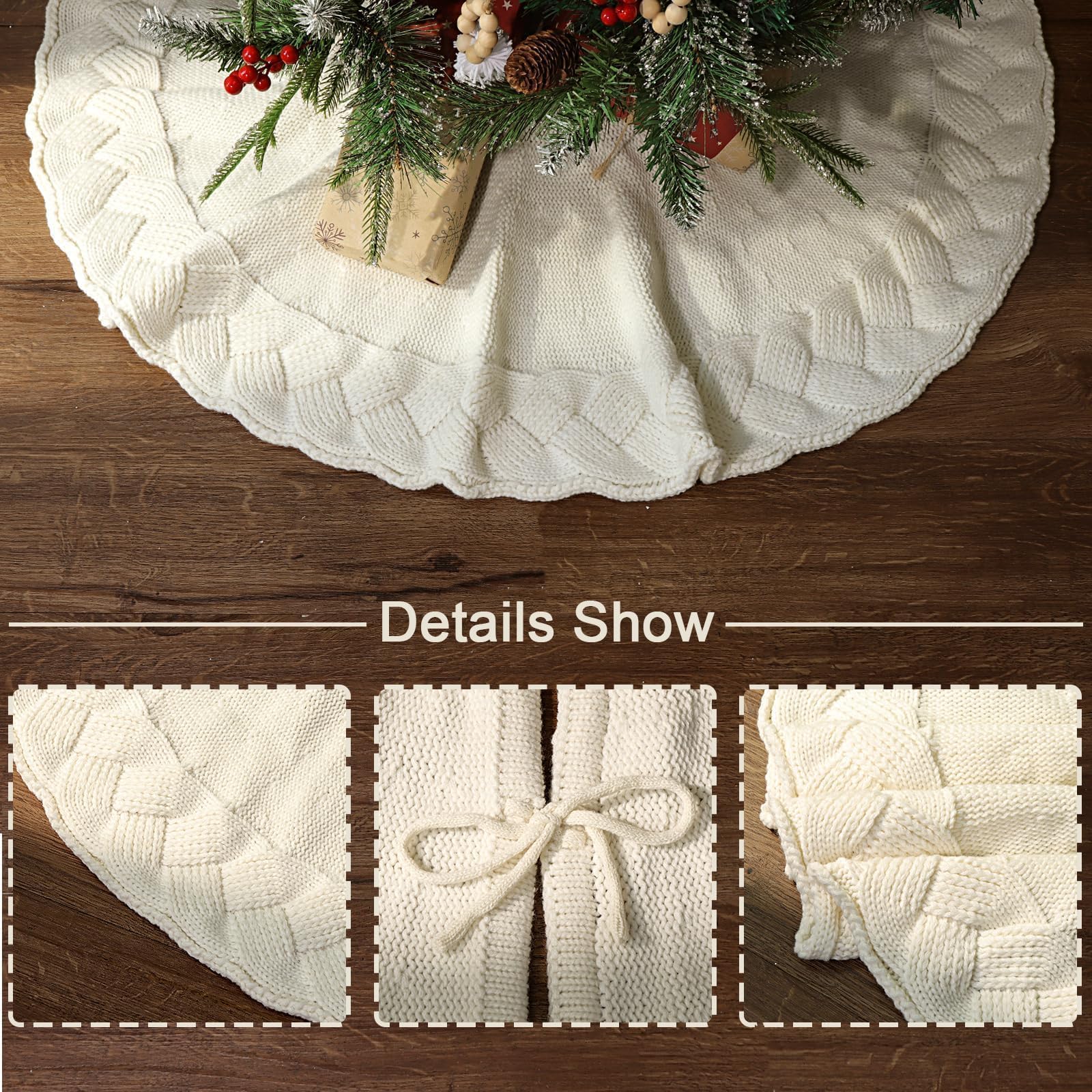 Jupe De Sapin De Noël LimBridge – 91,4 Cm, Tricot Torsadé Crème – Rustique, Douce, Avec Attaches